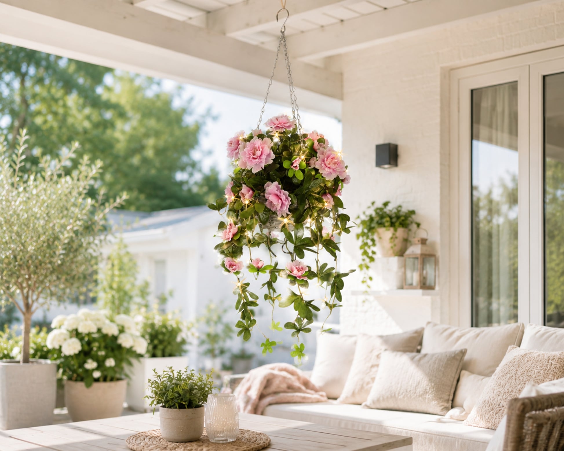 I.GE.A. Kunstblume »Künstliche Blume 'Bougainvillea' mit LED-Girlande 75cm Hängeampel« Kunstpflanze Schmetterlingsflieder Balkonpflanze Deko Party Hochzeit