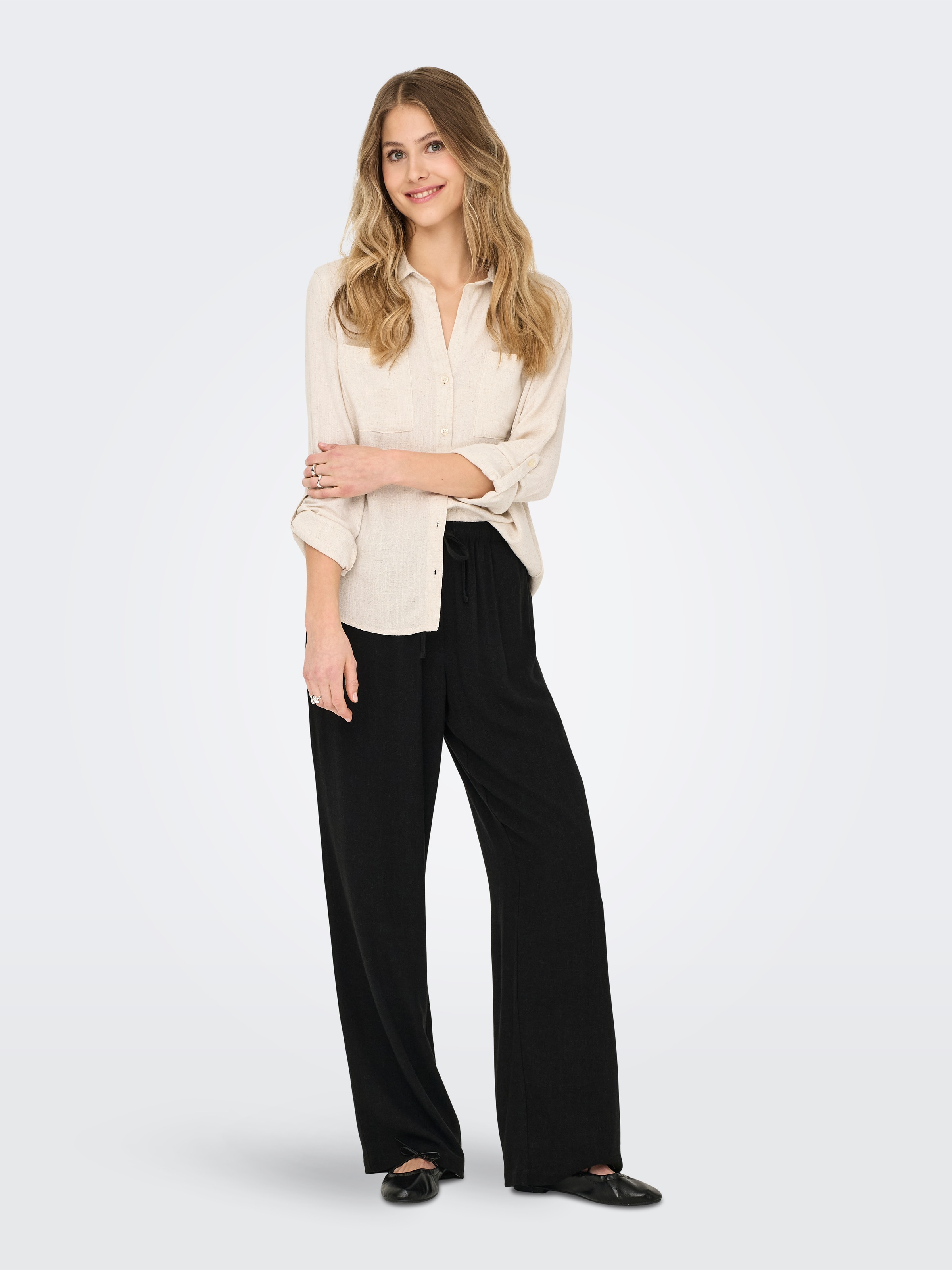 Schlupfhose ONLY "ONLSIESTA MW PULL-UP LINEN BL PNT NOOS", Damen, Gr. L, Länge 32, schwarz, Web, Obermaterial: 80% Viskose, 20% Leinen, unifarben, straight fit normal, Hosen Schlupfhose, Viskosemischung 2