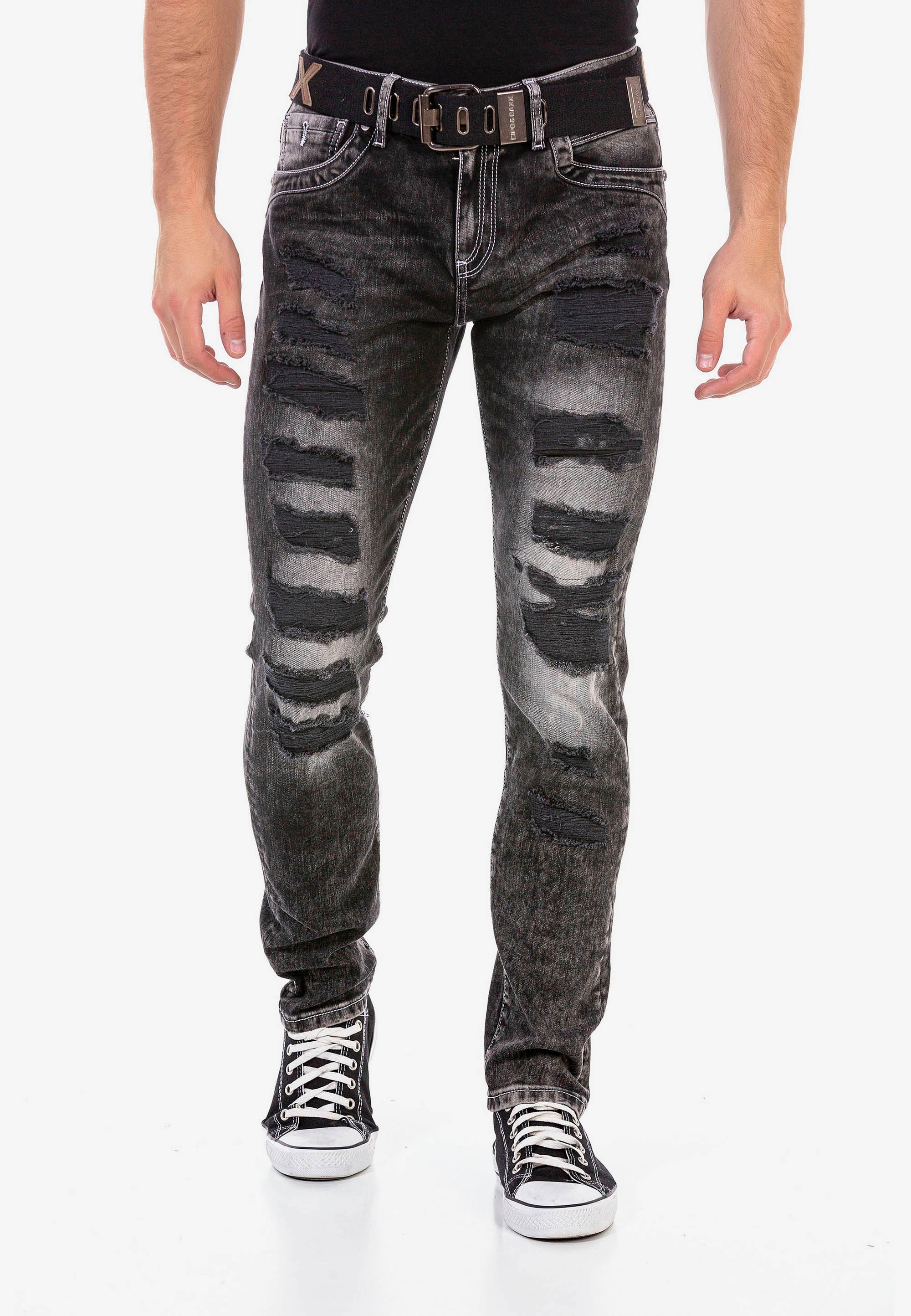 Straight-Jeans, im modischem Destroyed-Look mit Gürtel