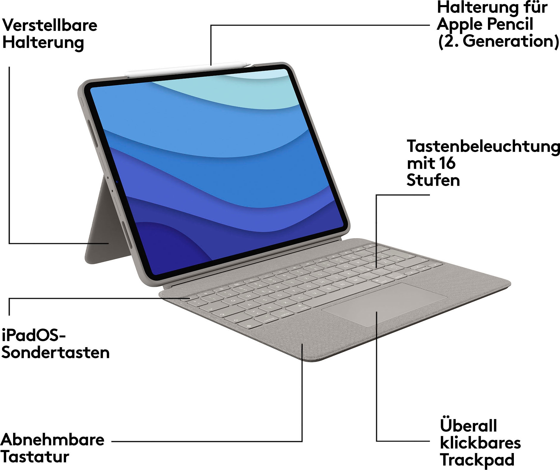 Logitech iPad-Tastatur »Combo Touch iPad Pro 12,9 (5. Gen - 2021) Keyboard Case«, (ausklappbare Füße-Multimedia-Tasten)