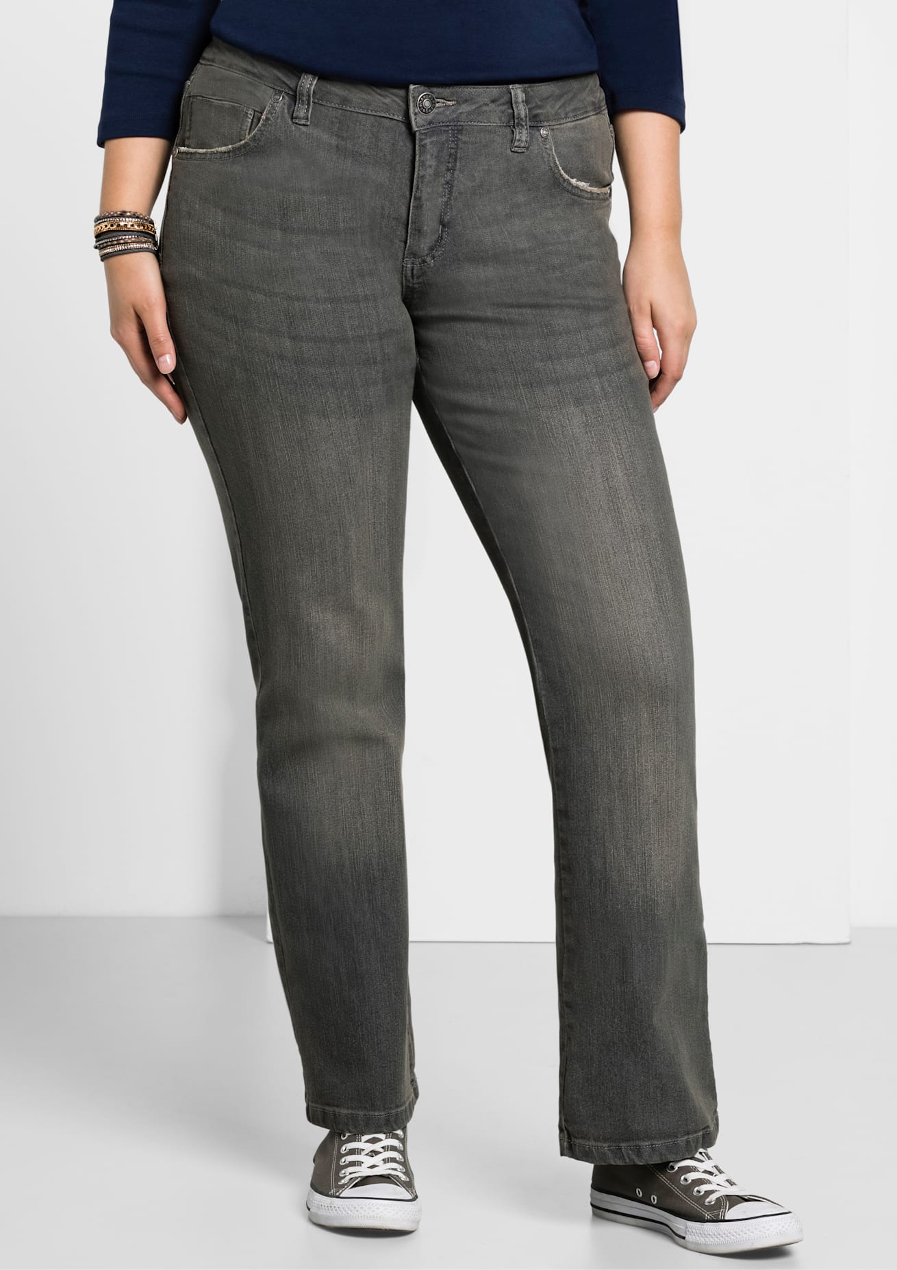 Bootcut-Jeans SHEEGO, Damen, Gr. 44, Normalgrößen, grau (grau denim), 75% Baumwolle, 24% Polyester, 1% Elasthan, unifarben, lang, Jeans