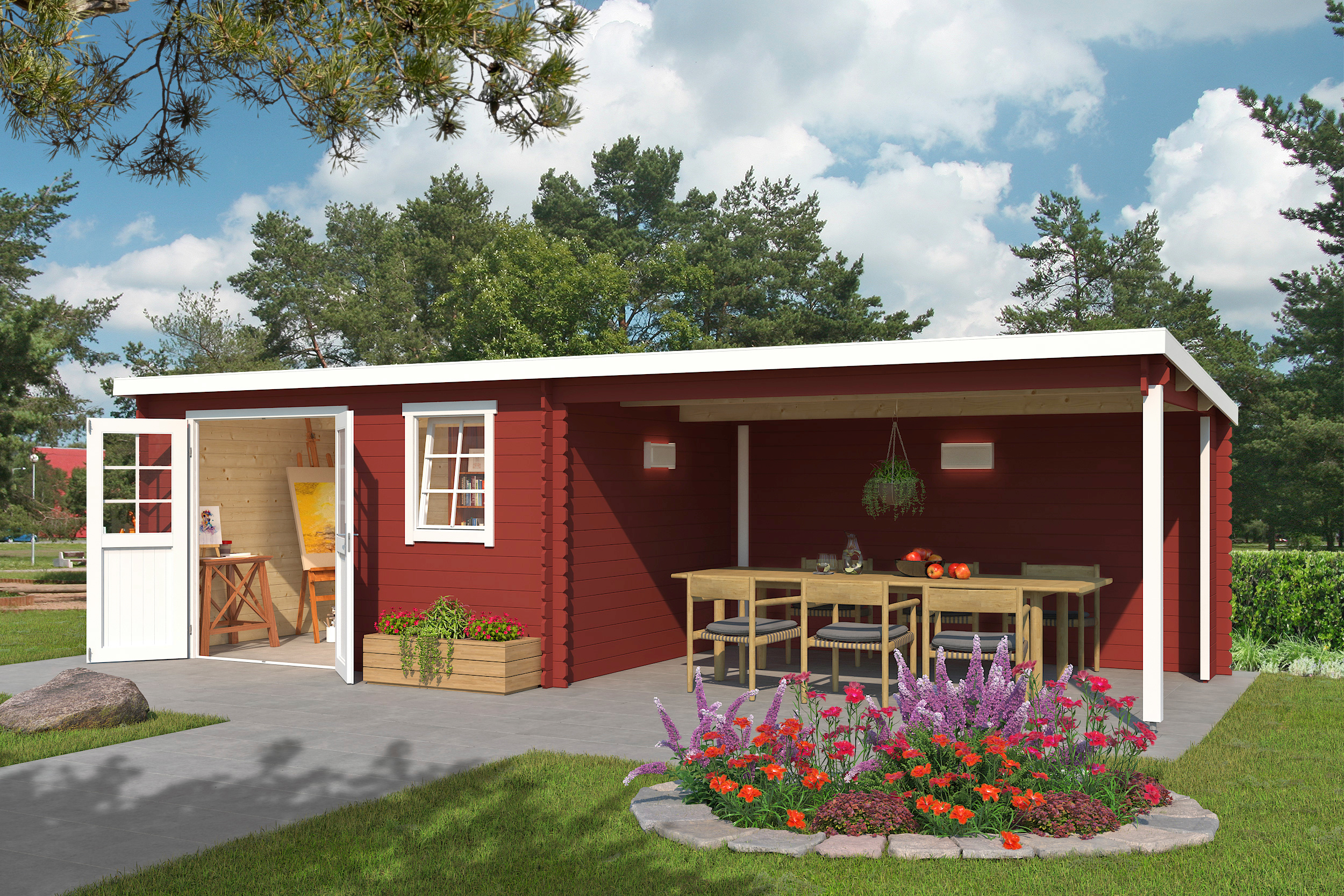 LASITA MAJA Gartenhaus "Reno" Blockbohlenhaus 28mm, mit Anbau