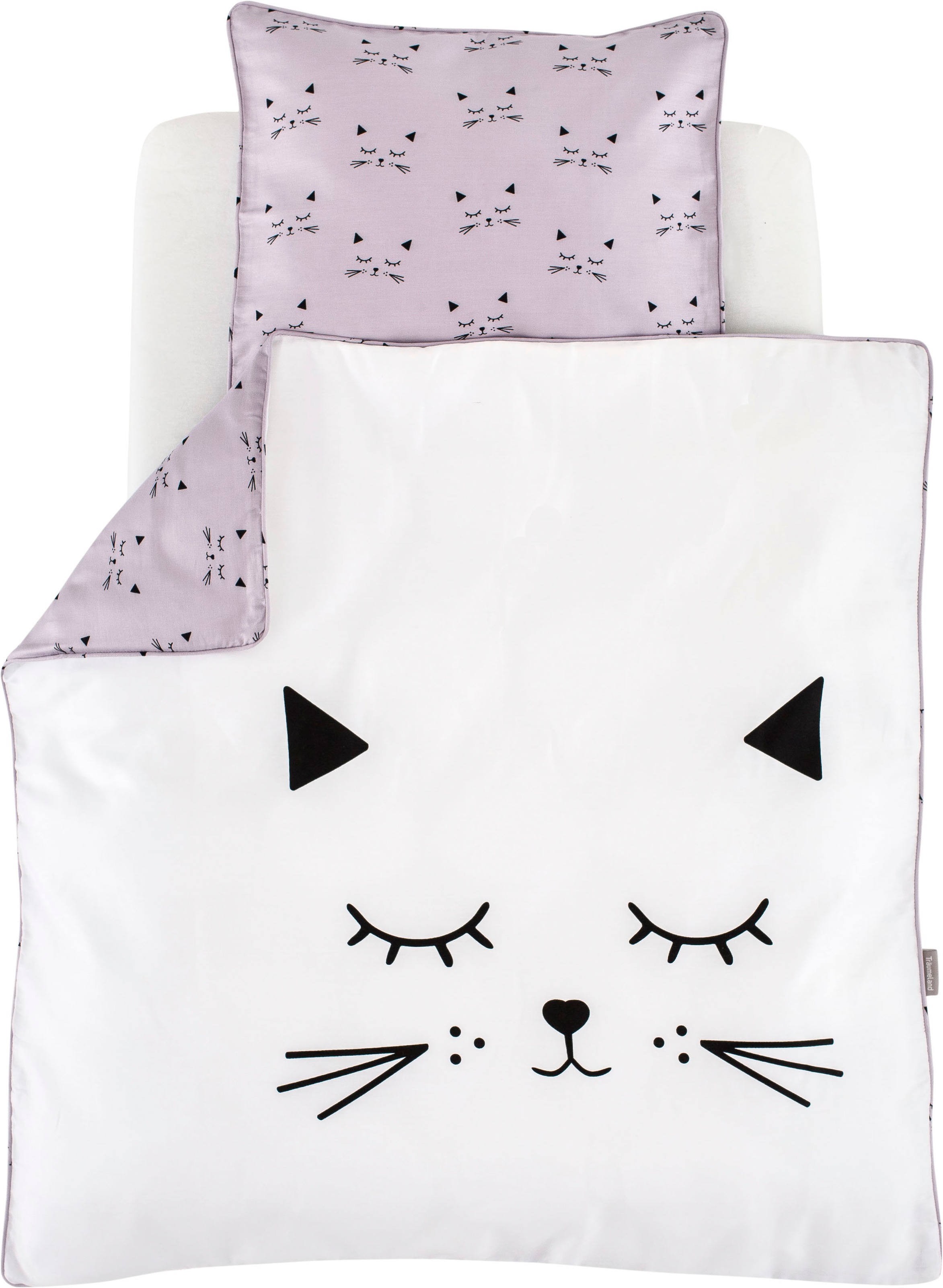 Babybettwäsche TRÄUMELAND, weiß, Jersey, Obermaterial: 100% Baumwolle, Bettwäsche, "kuschelweiche Bettwäsche Schmusekatze"