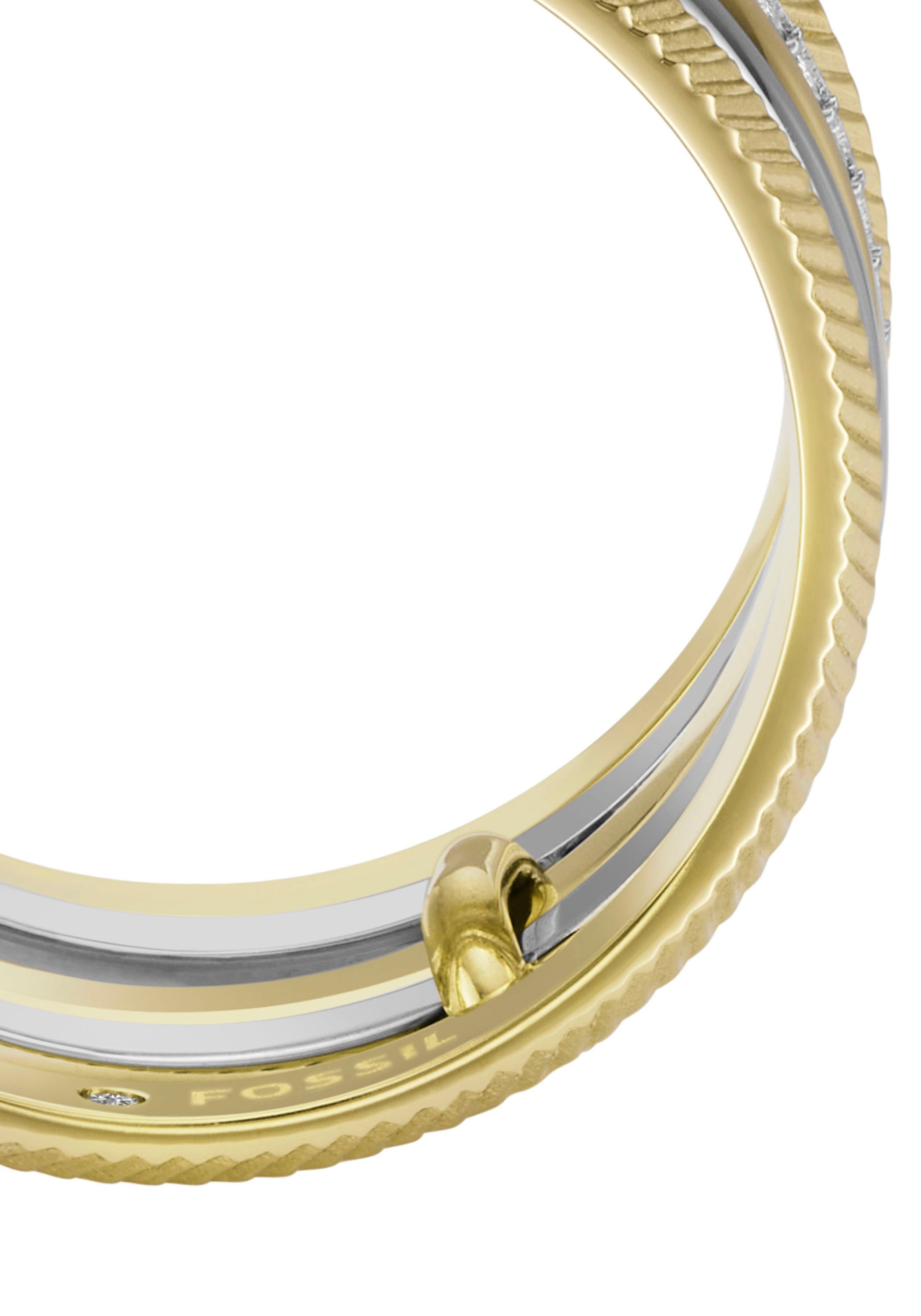 Fingerring FOSSIL "Schmuck JEWELRY ALL STACKED UP TWO-TONE PRESTACK RING" Gr. 16,5, gelb (edelstahlfarben, gelbgoldfarben, kristallweiß), Fingerringe, Damen, 16,5, Edelstahl, 15,6mm, Fingerring, mit Glasstein 4