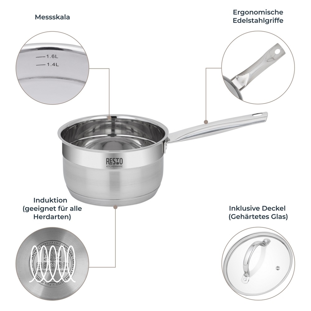 RESTO Kitchenware Kasserolle »Rigel, Soßentopf 1,9 l, energiesparend und spülmaschinenfest«, Edelstahl 18/10, (2 tlg.), mit hitzebeständigem Glasdeckel, im Geschenkkarton