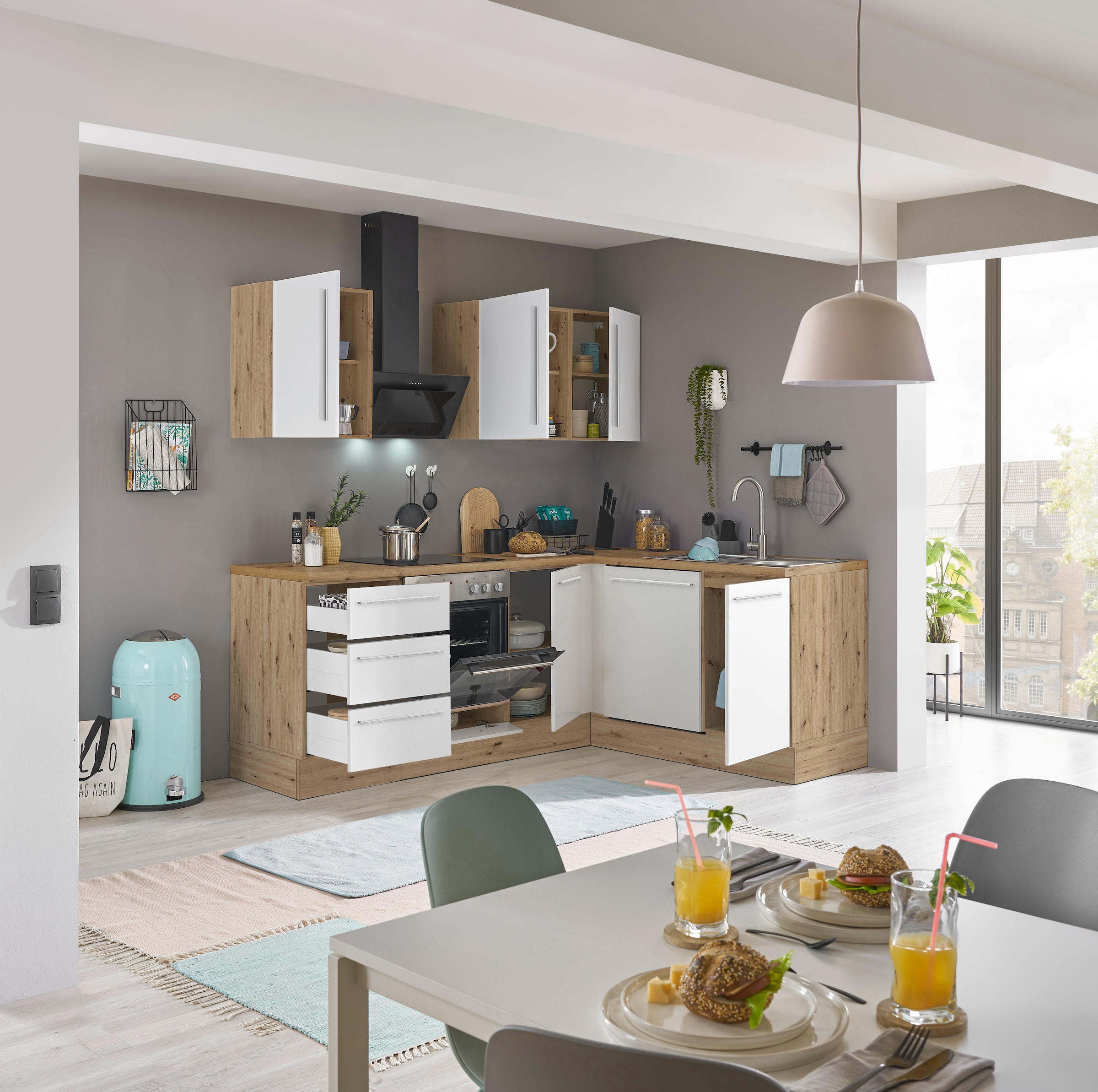 KOCHSTATION Winkelküche »Florida, Stellbreite 220x175 cm« wahlweise mit E-Geräten, mit Softclose für Türen und Schubkästen