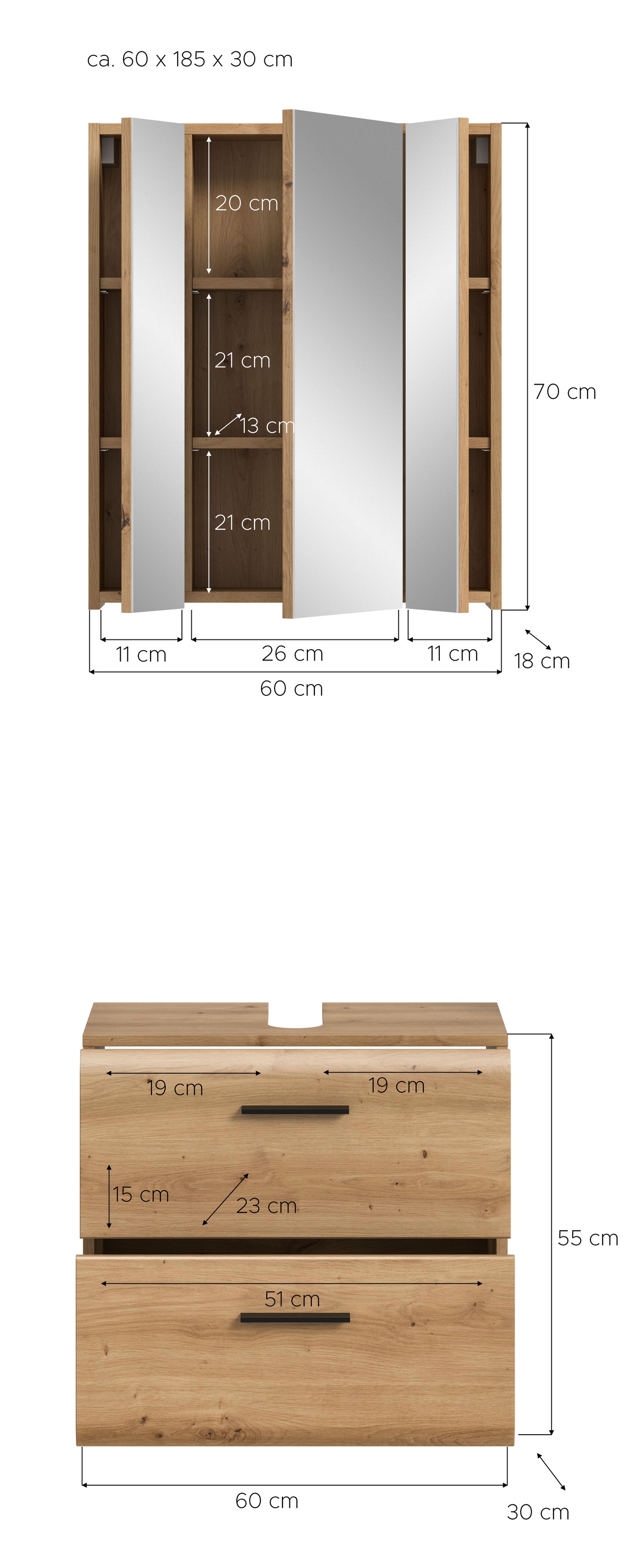 INOSIGN Badmöbel-Set »FLORENZ, TOPSELLER!, 2-teilige Badkombination, hochwertige MDF-Front«, (Set, 2 St., bestehend aus: 1 Waschbeckenunterschrank, 1 Spiegelschrank), Florenz, Badkombination 2-tlg., Artisan Oak NB, WBU, Spiegelschrank