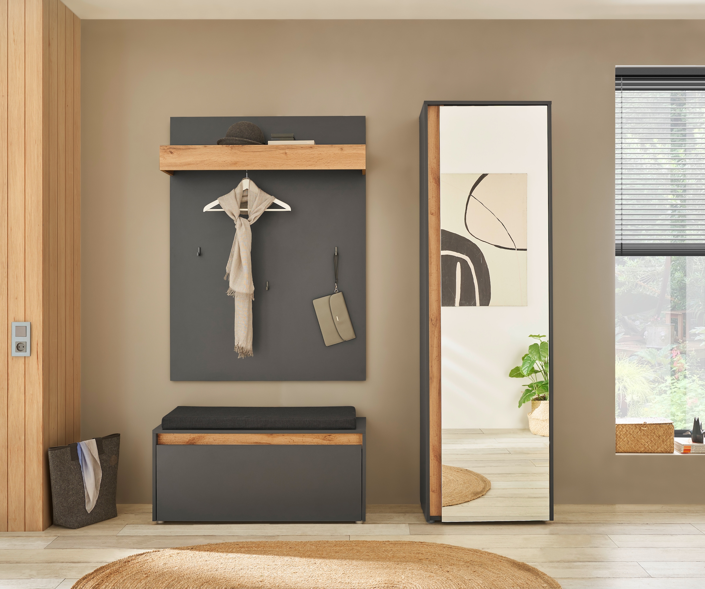 Garderoben-Set HOME AFFAIRE, B:170cm H:200cm T:40cm, grau, Holzwerkstoff, Flur, Kastenmöbel-Sets, "GIRON/CiTY, moderne Garderobe, Komplettset mit