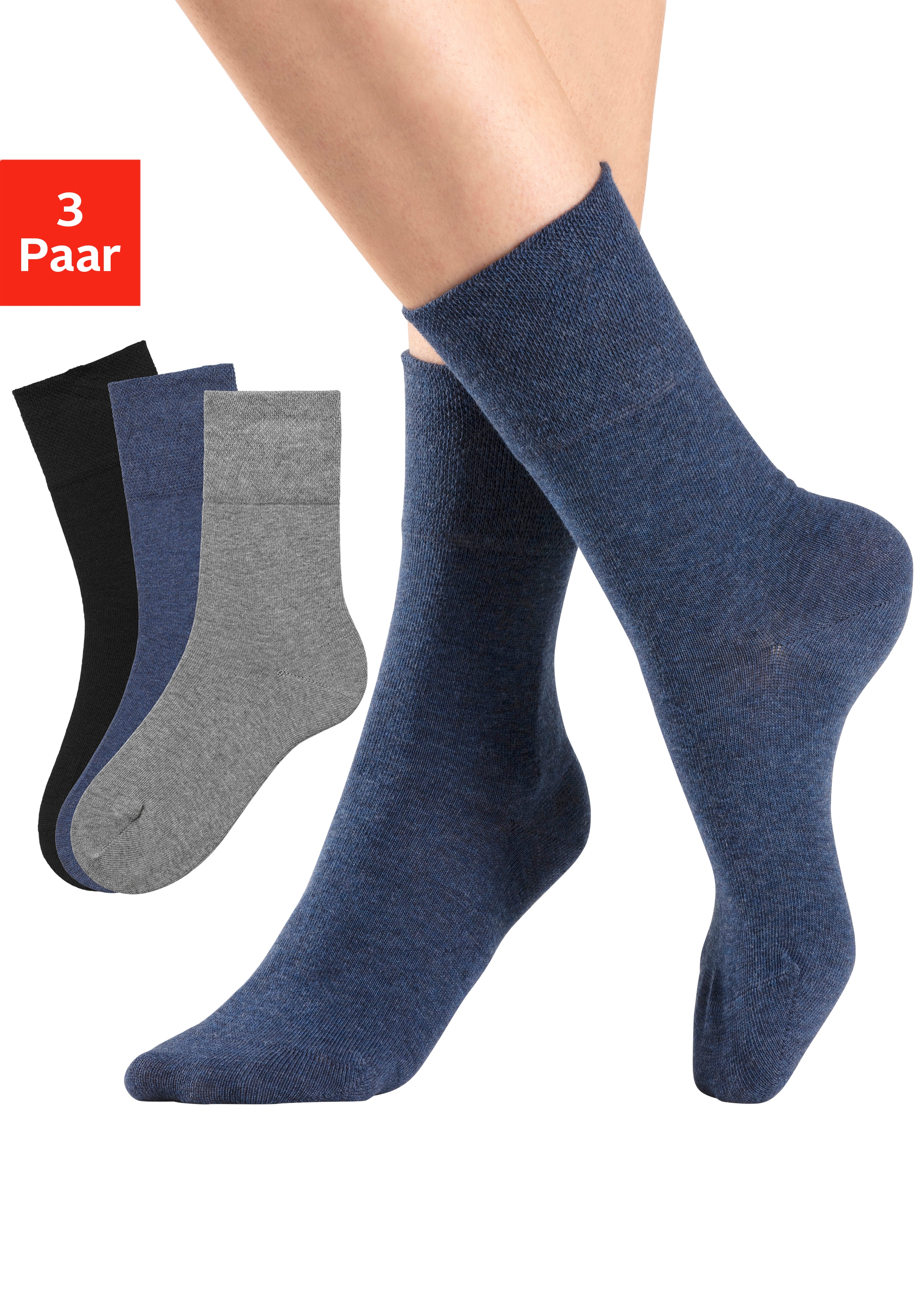 H.I.S Socken "Diabetikersocken Damen Herren Socken" Packung, 3 Paar tlg. mit Komfortbund auch für Diabetiker geeignet