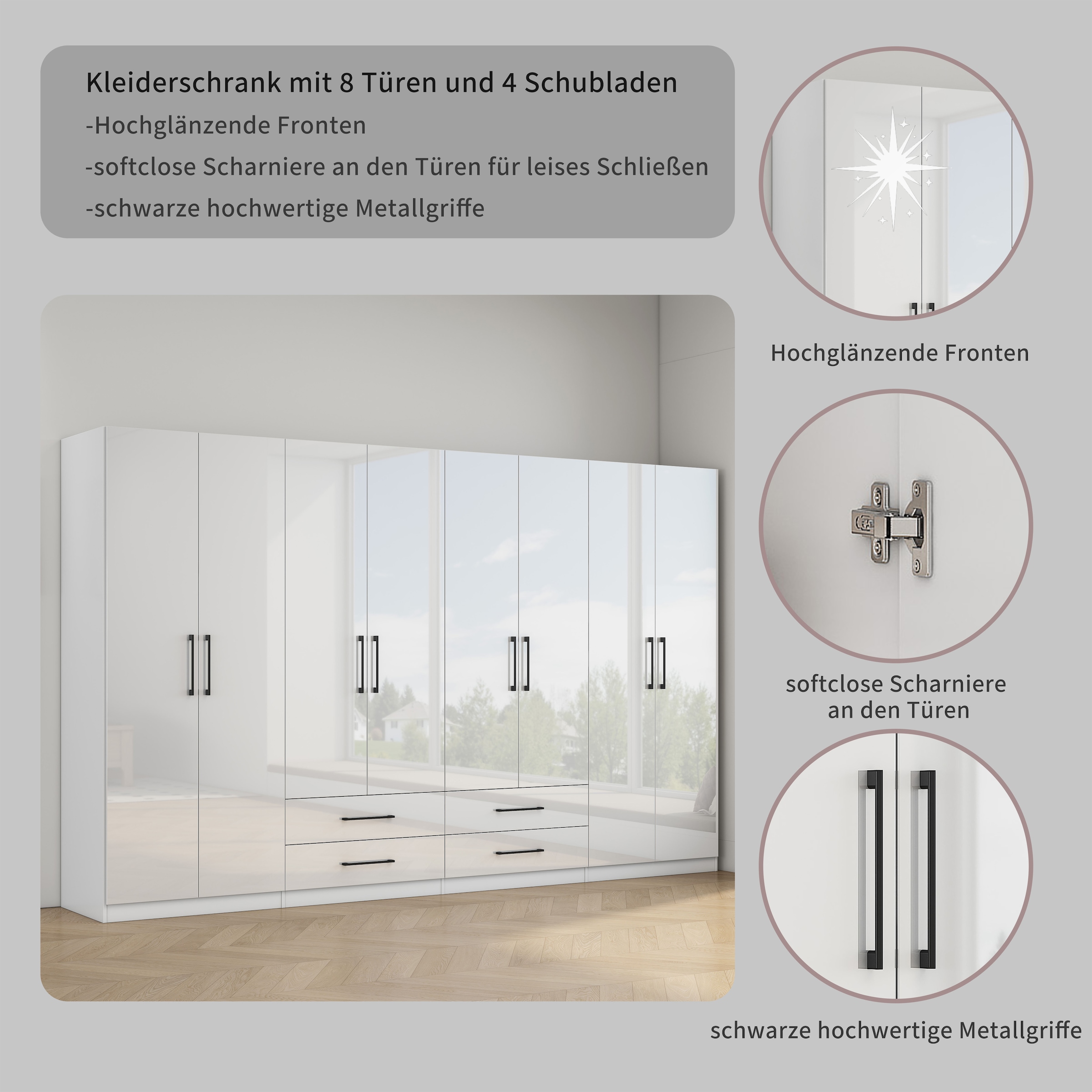 OTTO home Kleiderschrank »Sylt Schlafzimmerschrank Garderobe Schrank in hochglanz mit 8 Türen« Drehtürenschrank mit perfekter Innenausstattung