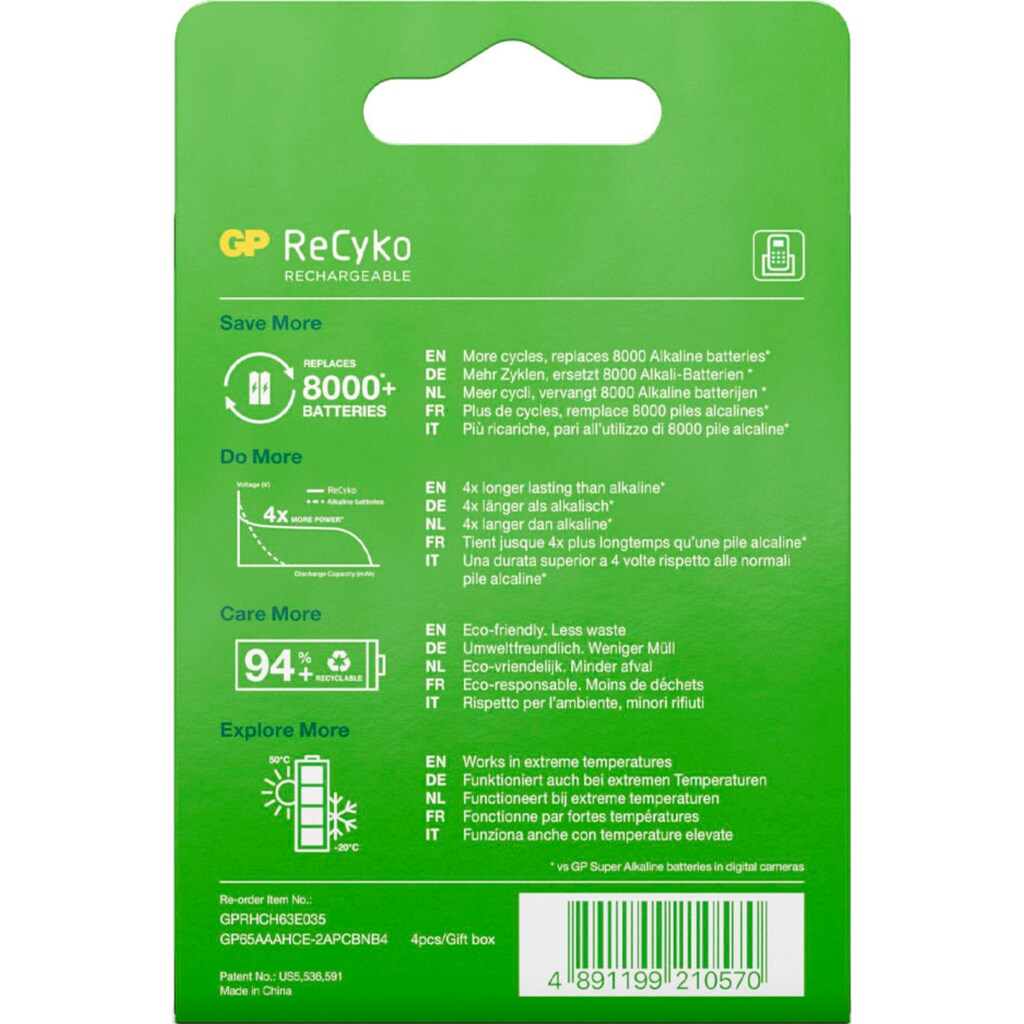 GP Batteries Batterie »4er Pack AAA NiMH 650 mAh ReCyko 1,2V«, 1,2 V, (Set, 4 St.)