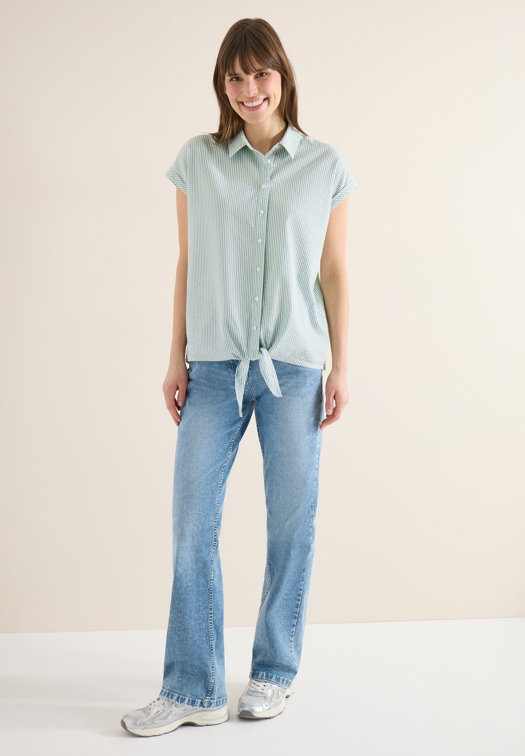 Kurzarmbluse CECIL, Damen, Gr. XXL (46), smoke salvia, Web, 75% Baumwolle, 25% Modal, unifarben, klassisch normal, V-Ausschnitt, Bündchen, Blusen, mit Knoten am Saum 2
