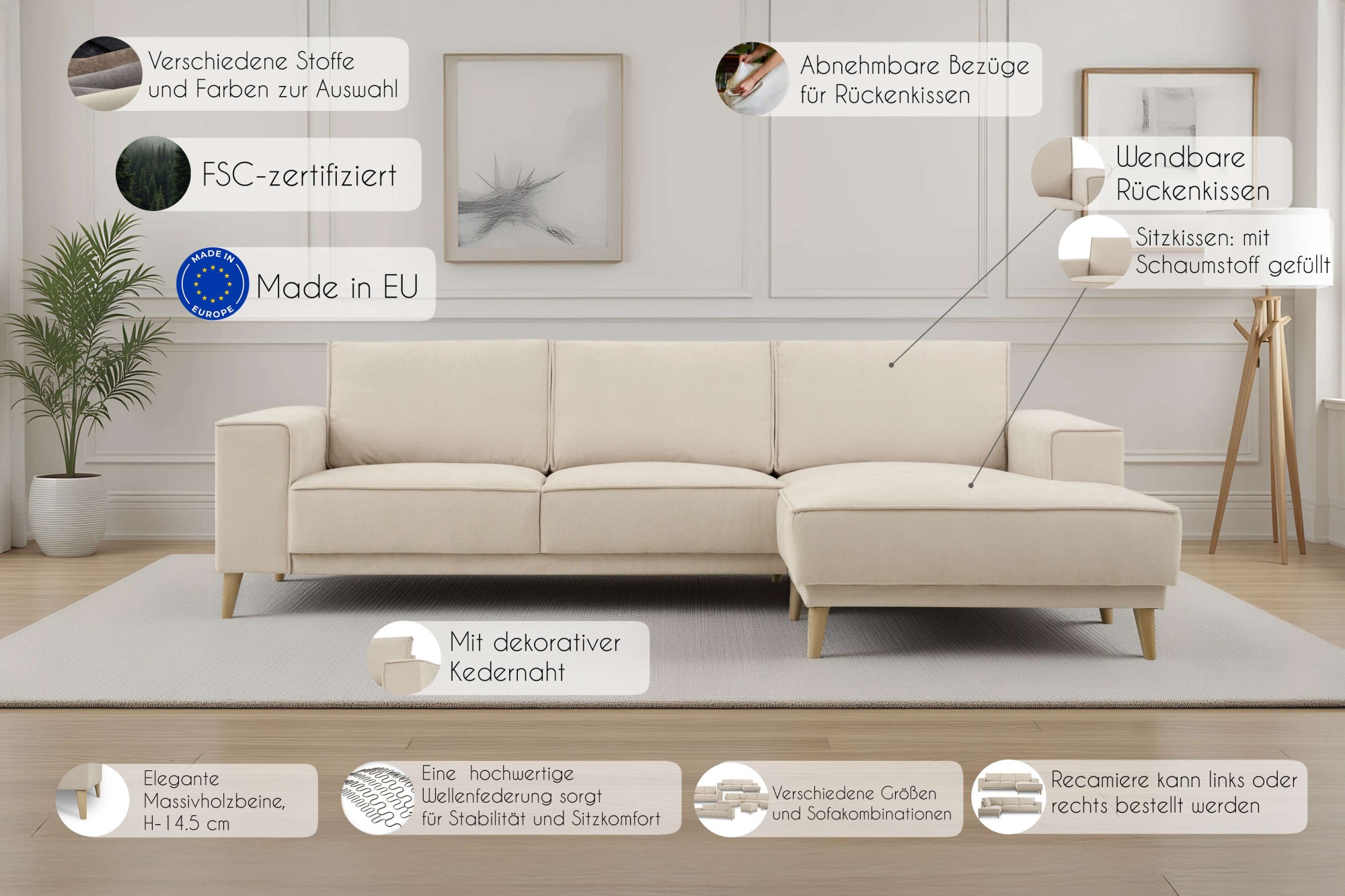 Thumbnail - OTTO home Ecksofa "Oland Skandi, weicher Chenille-Stoff" L-Form, 280 cm, Wellenunterfederung, Skandi-Design, Massivholzf...