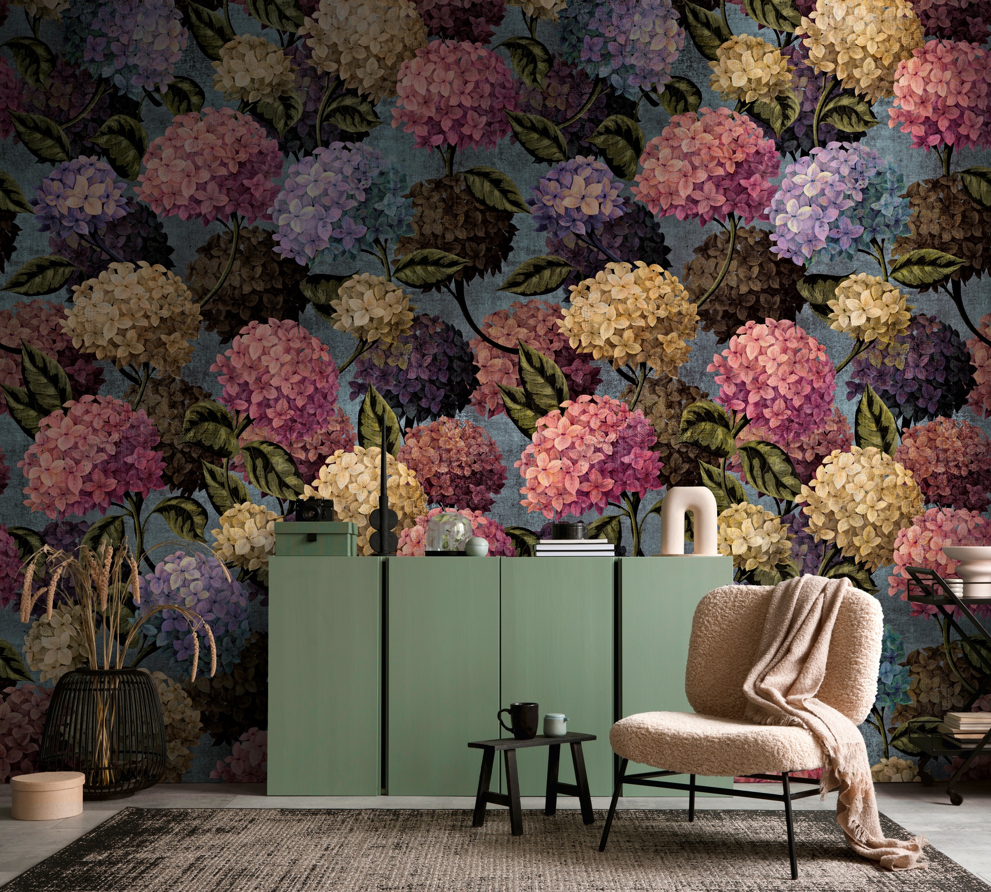 living walls Fototapete "The Wall 4 Flowers – Üppige Hortensienblüten Vlies-Fototapete" botanisch floral matt leicht strukturiert Üppige Hortensienblüten mit natürlicher Tiefenwirkung