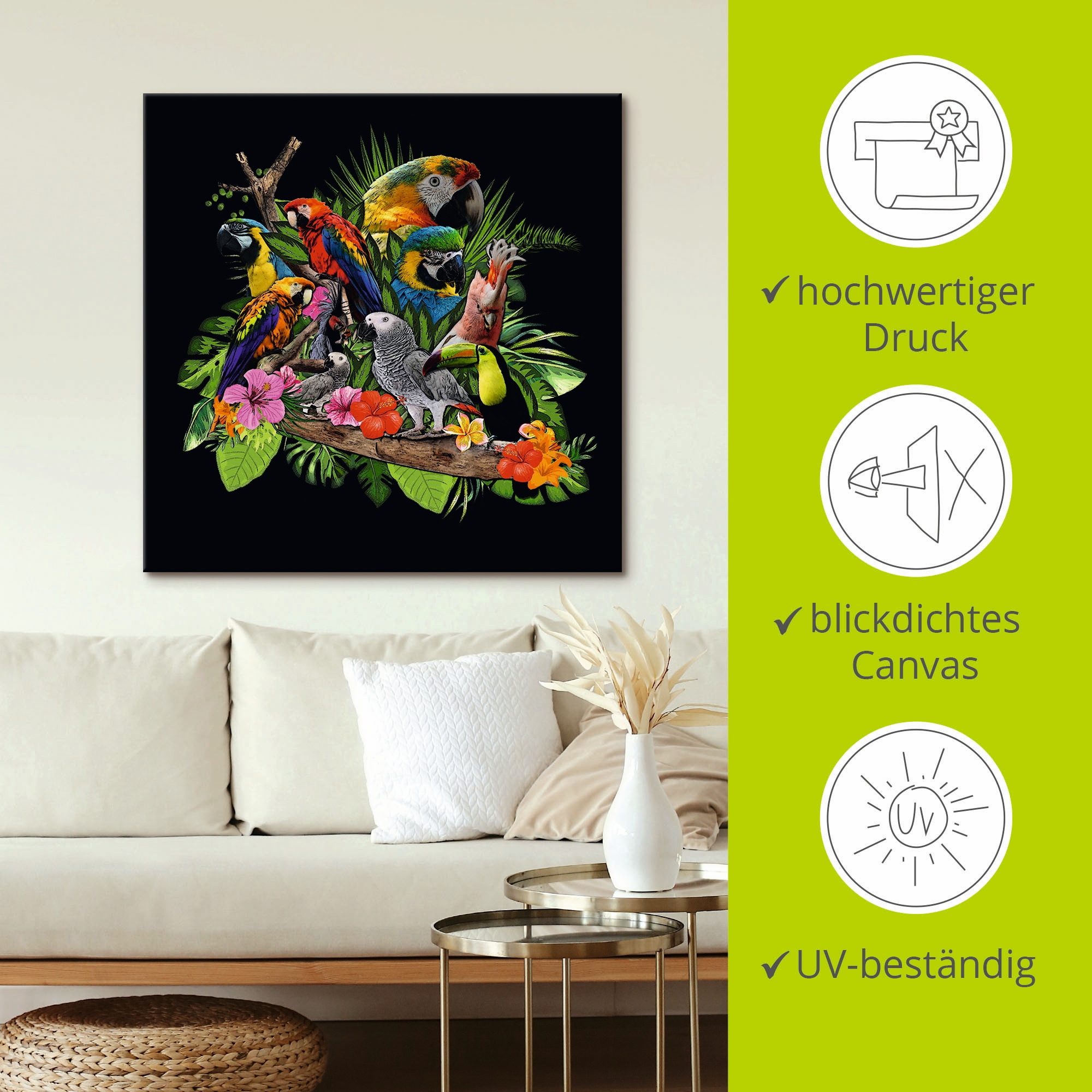 Artland Wandbild »Papageien Graupapagei Kakadu Dschungel« Vögel 1 Stk. tlg. als Alubild, Outdoorbild, Leinwandbild, Poster, Wandaufkleber