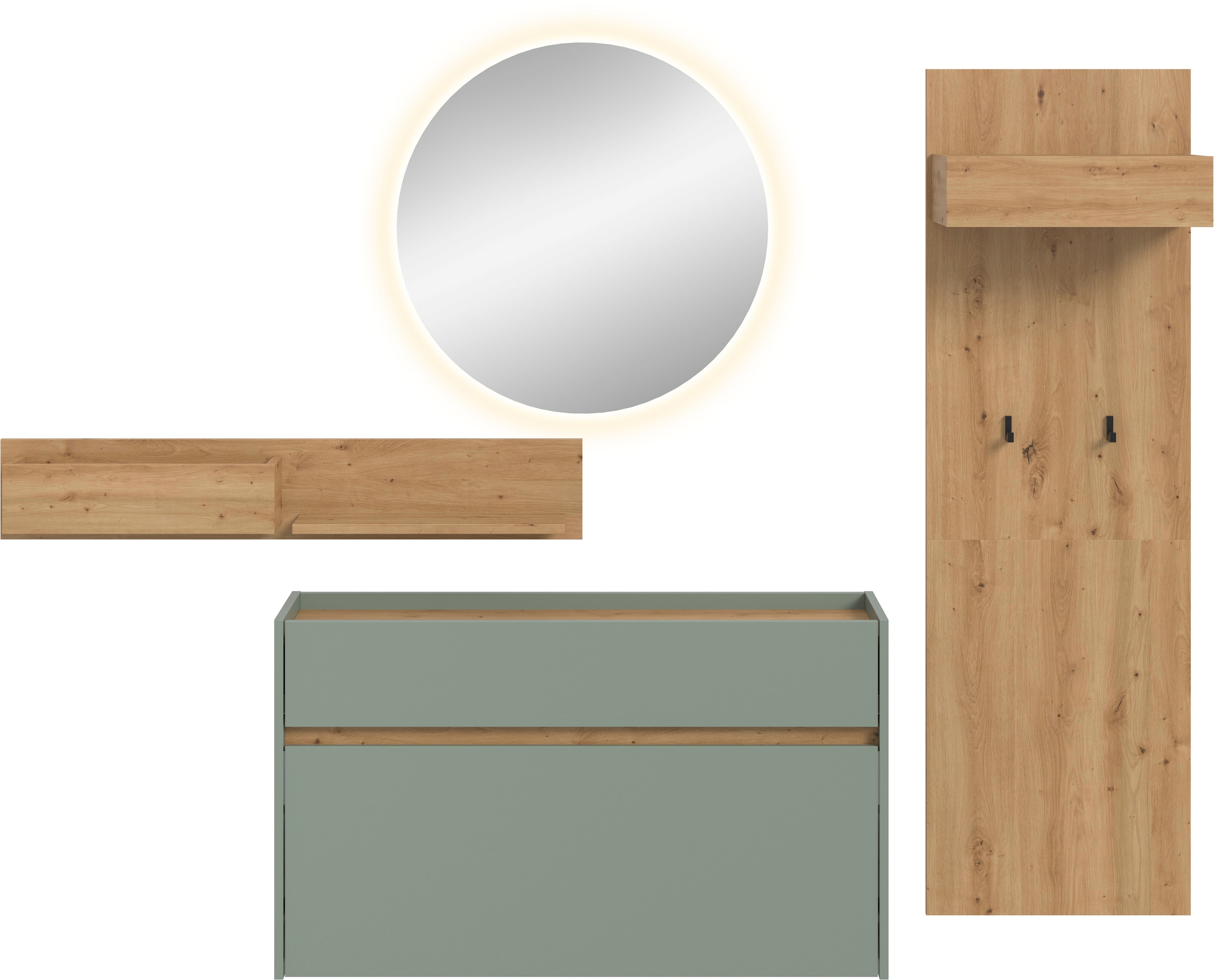 INOSIGN Garderoben-Set »EVRID, 4-teilig, Breite 205 cm, inkl. Beleuchtung« best. aus: Wandboard, Kommode, Spiegel, Garderobenpaneel, 4 Stk. tlg.