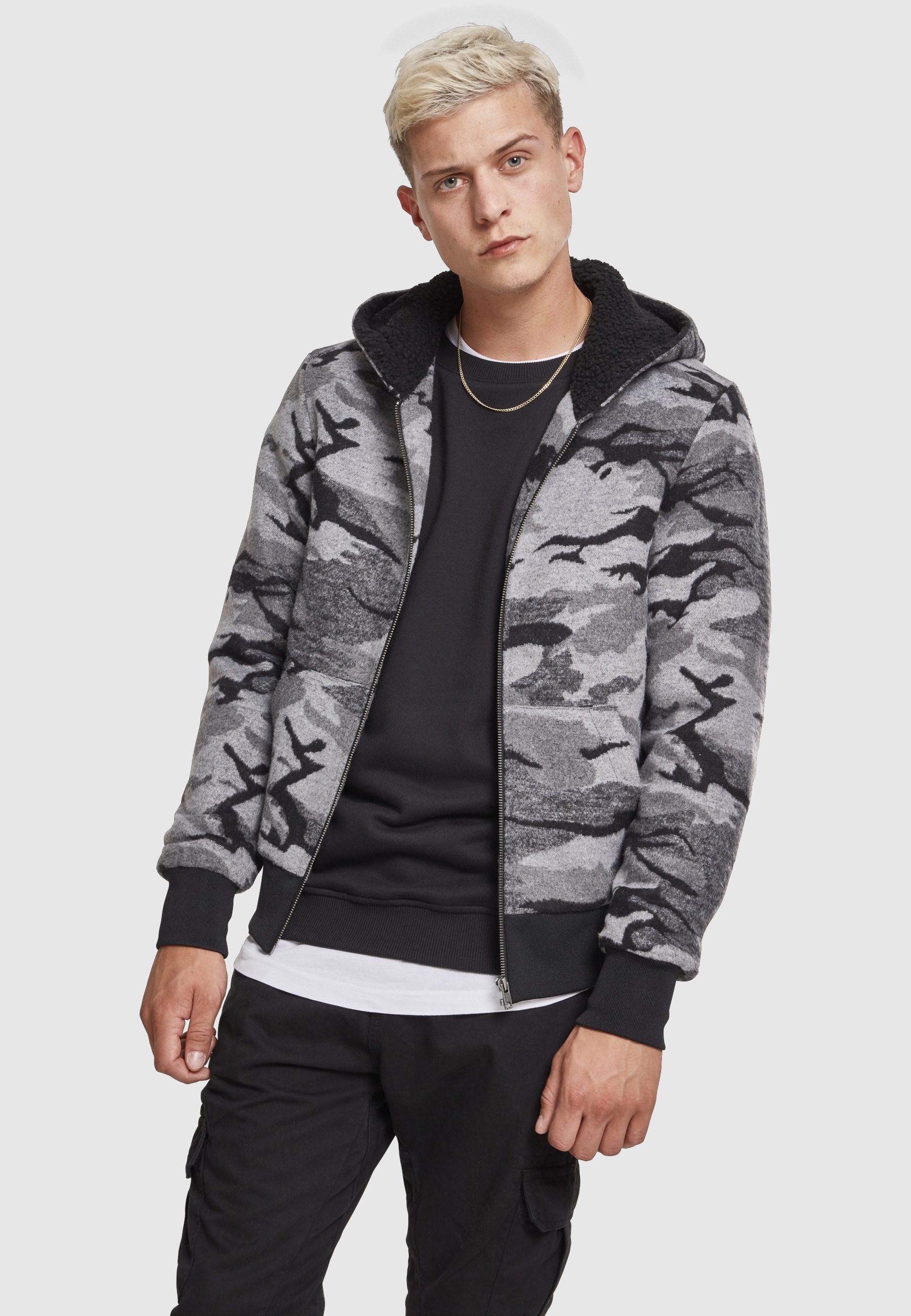 URBAN CLASSICS Winterjacke »Urban Classics Herren Camo Zip Jacket« 1 Stk. tlg. mit Kapuze