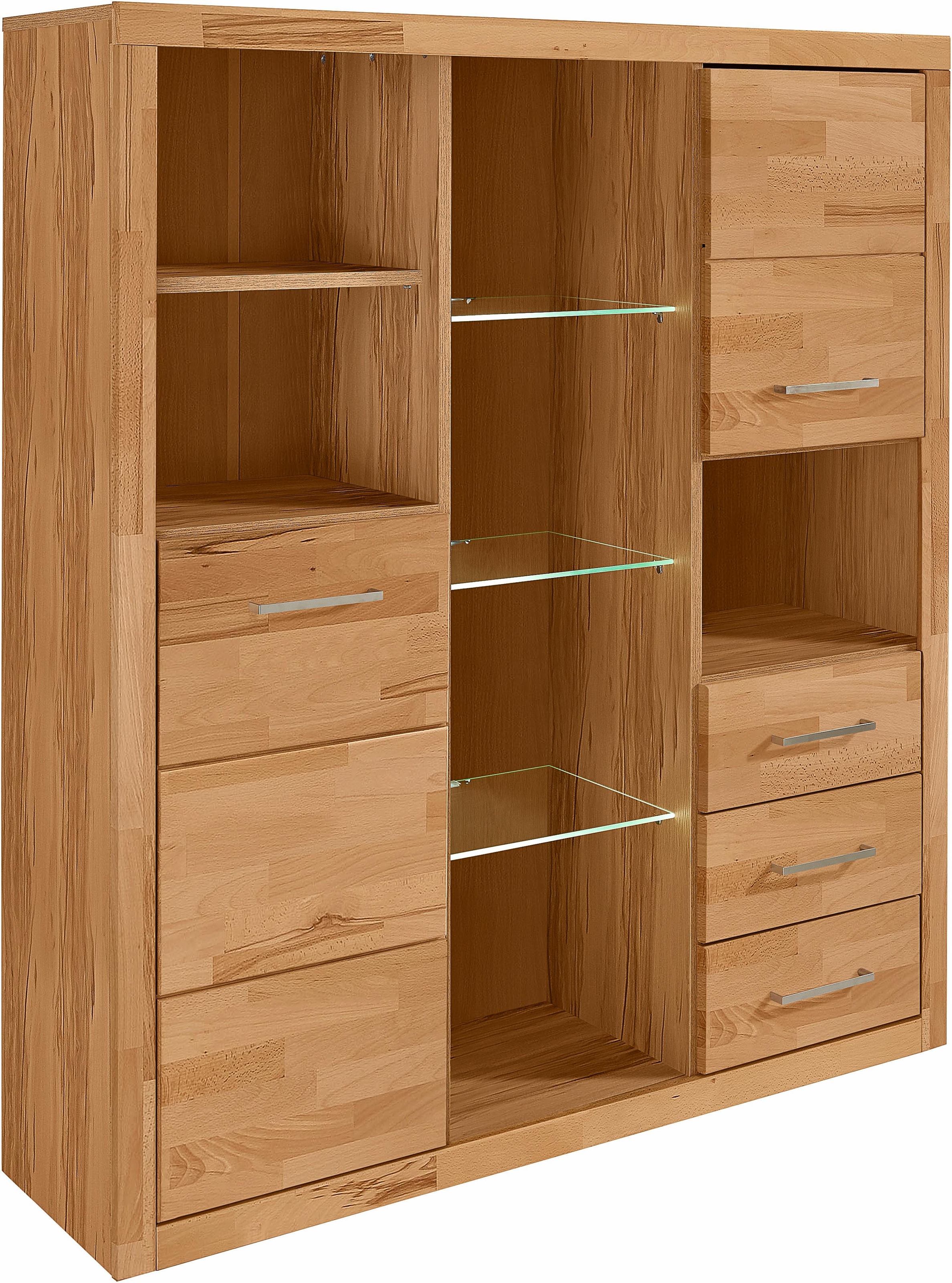 OTTO home Highboard "Ribe,130cm breit145cm hoch,Fronten Massivholz,12 Fächer" Korpus aus Holzwerkstoff, Metall Griffe,Böden versetzbar