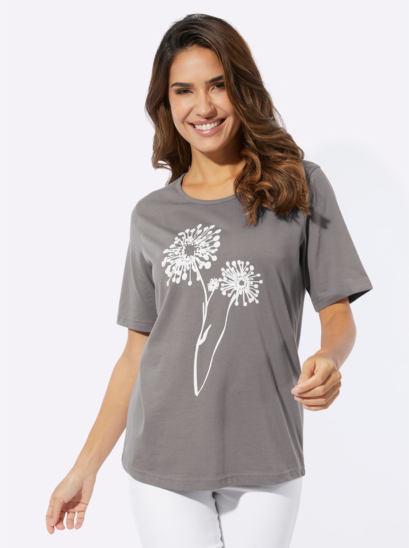 Rundhalsshirt CLASSIC BASICS "Rundhals-Shirt", Damen, Gr. 50, grau (grau, weiß, bedruckt), 100% Baumwolle, geblümt, gemustert, Rundhals, Shirts Rundhalsshirt