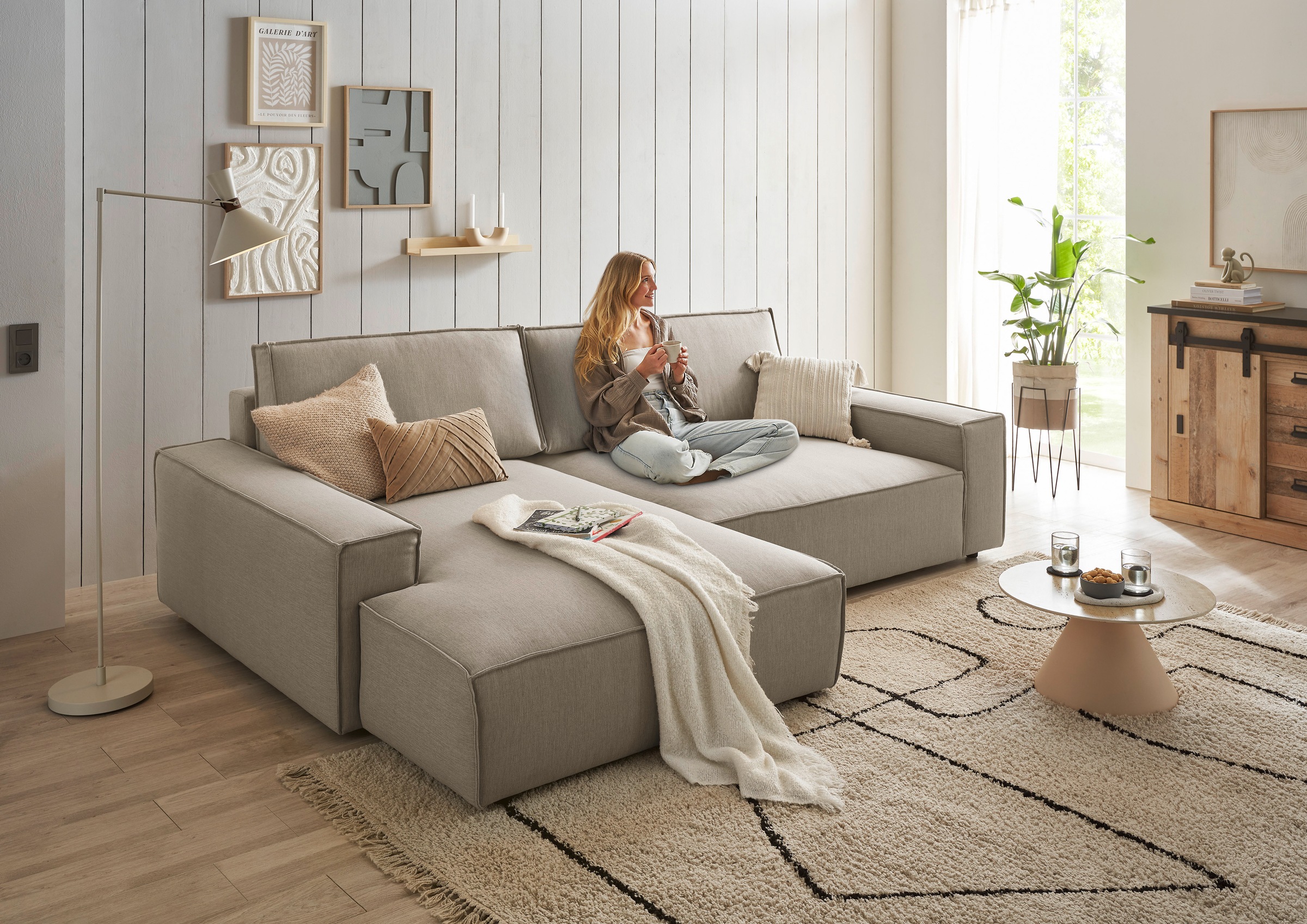 Home affaire Ecksofa »NEU: SHERWOODL XXL 284, Big-Sofa L-Form, tiefe Sitzfläche 95 cm, Cord,«, Leinenoptik, Recamiere rechts/links, auch als Schlafsofa stellbar