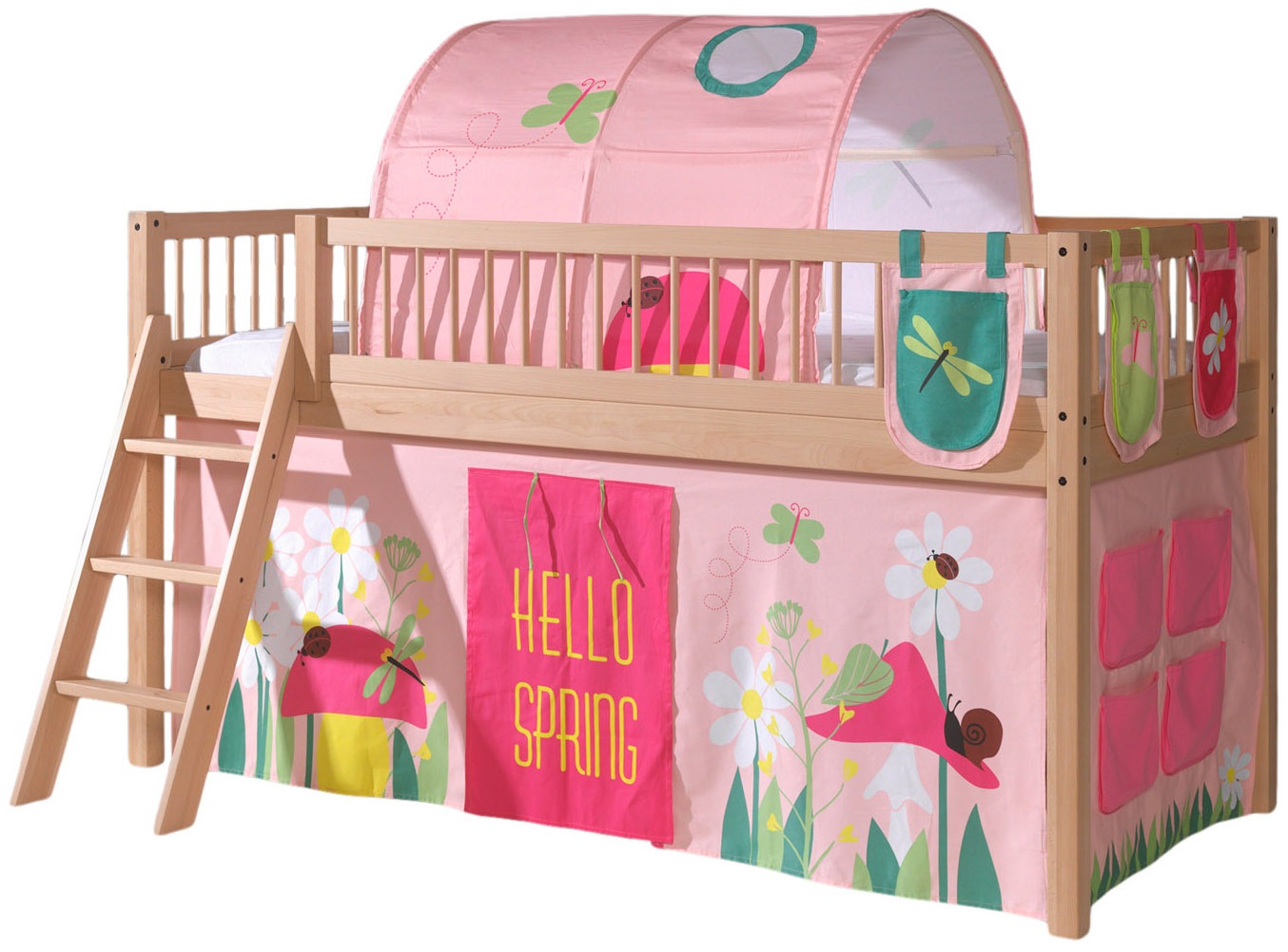 Vipack Spielbett "Forrest, Absturzschutz mit Sprossen-Optik, Pfostenstärken ca. 50x50mm" Buche natur lackiert, stabil und hochwertig gebaut, inkl. Lattenrost, 90/200 cm, Spielbereich unter dem Bett, 2 Textil-Set´s zur Wahl