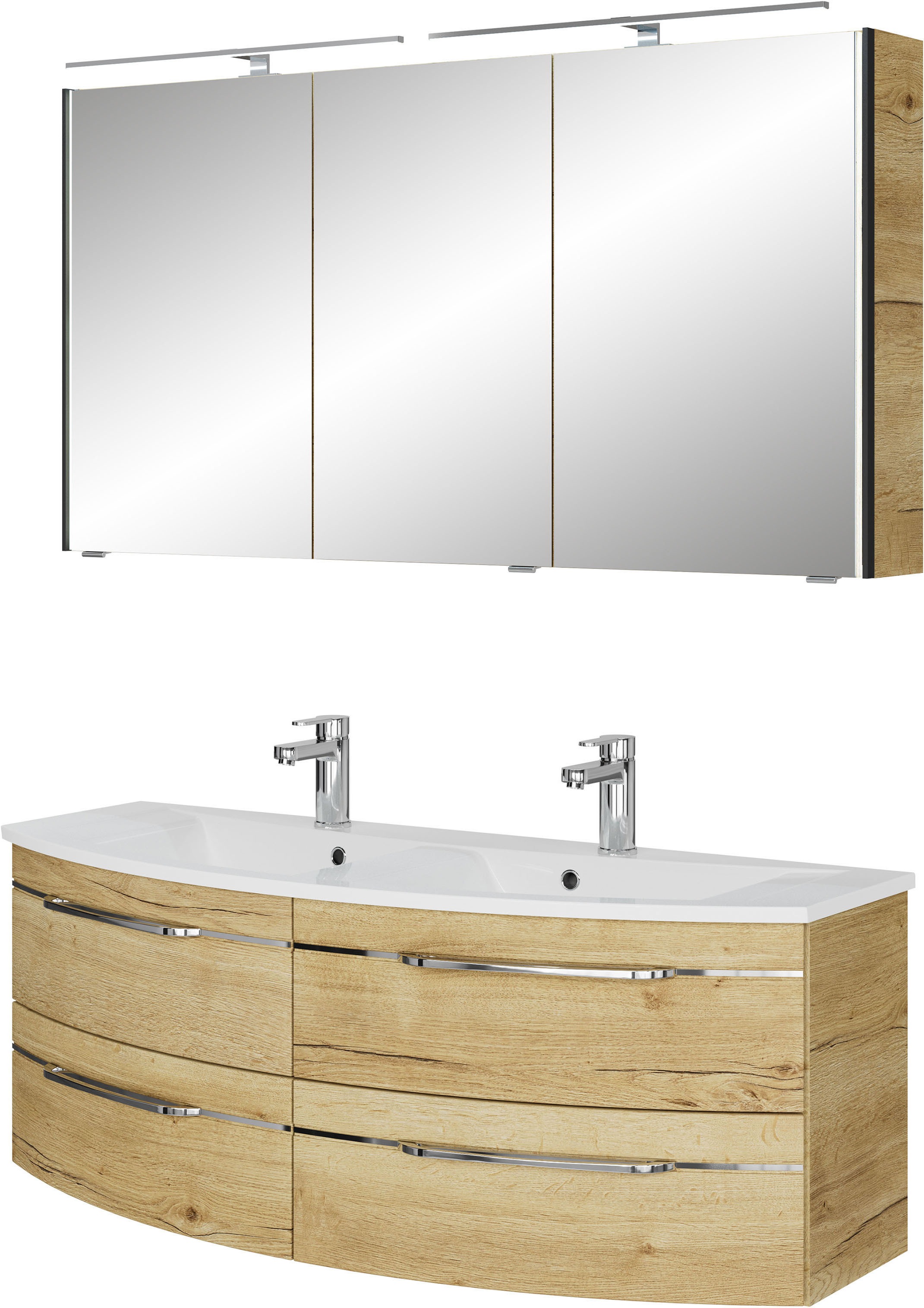Saphir Badmöbel-Set »Badezimmer-Set 133,2 cm breit, inkl. Türdämpfer, 3 Türen, 4 Schubladen«, (Set, 2 St.), Serie 7045 2-teilig Mineralmarmor-Doppelwaschtisch, LED-Spiegelschrank