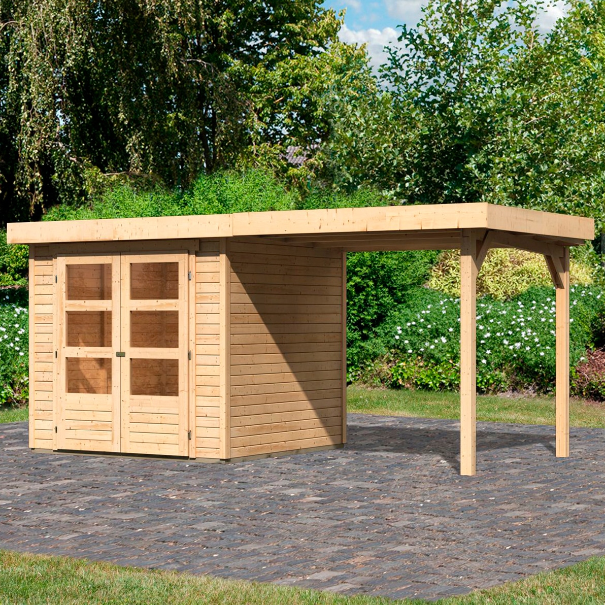 Karibu Gartenhaus "Arnis" mit Anbaudach 2,40 m Breite, Made in Germany