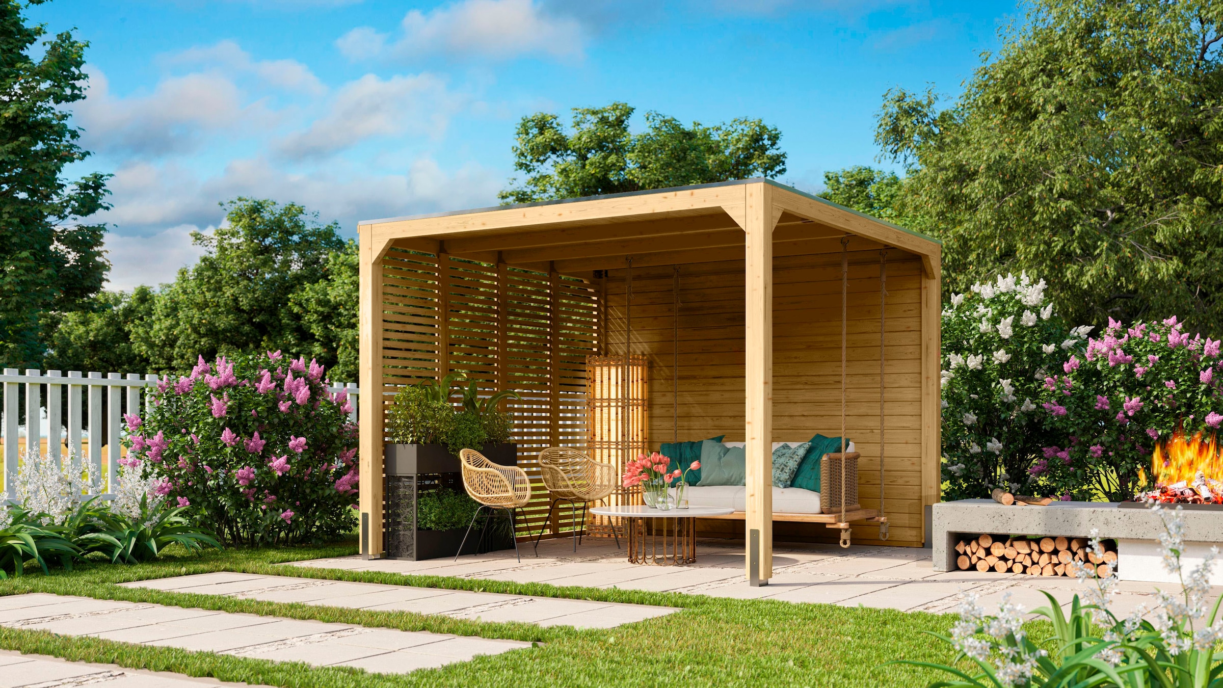 Karibu Holzpavillon "Cubus", mit Seiten- und Lamellenwand günstig online kaufen