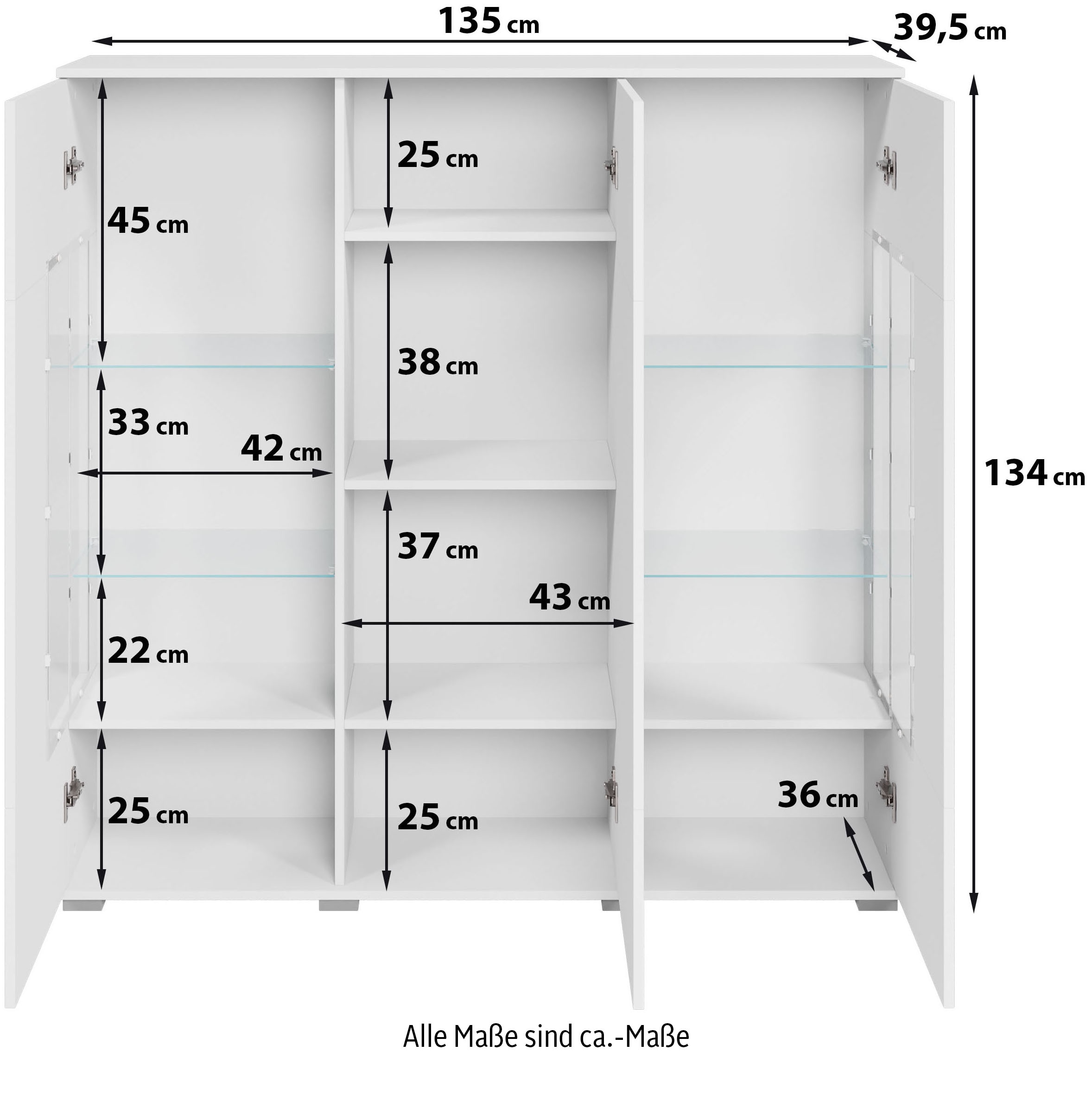 INOSIGN Highboard »Kenia«, (1 St.), Modernes Highboard, mit Glastüren, Breite 135 cm