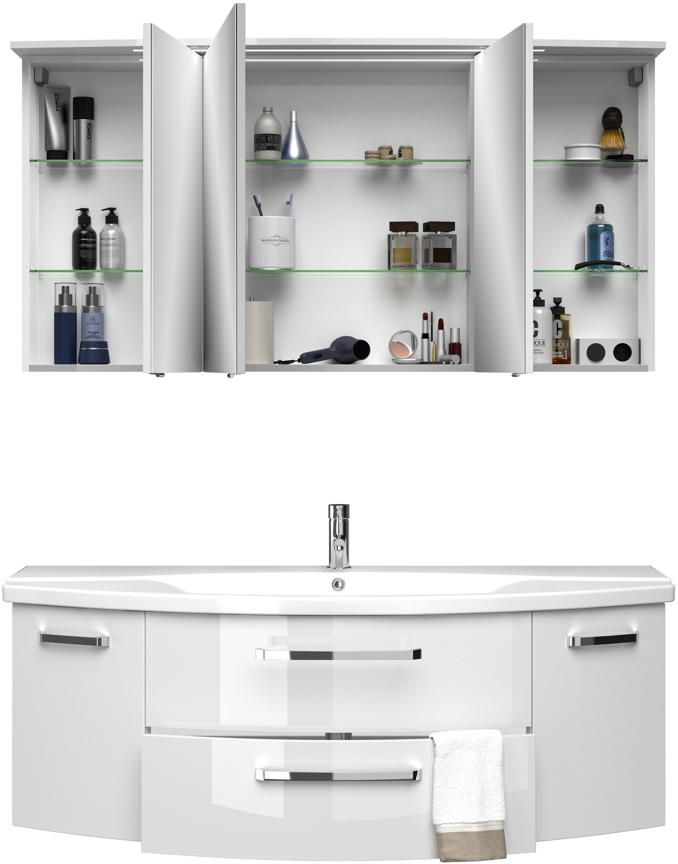 Saphir Badmöbel-Set »Serie 4010 2-teilig Keramik-Waschtisch mit LED-Spiegelschrank«, (Set), Badezimmer Set 144 cm breit, inkl. Türdämpfer, 5 Türen, 2 Schubladen