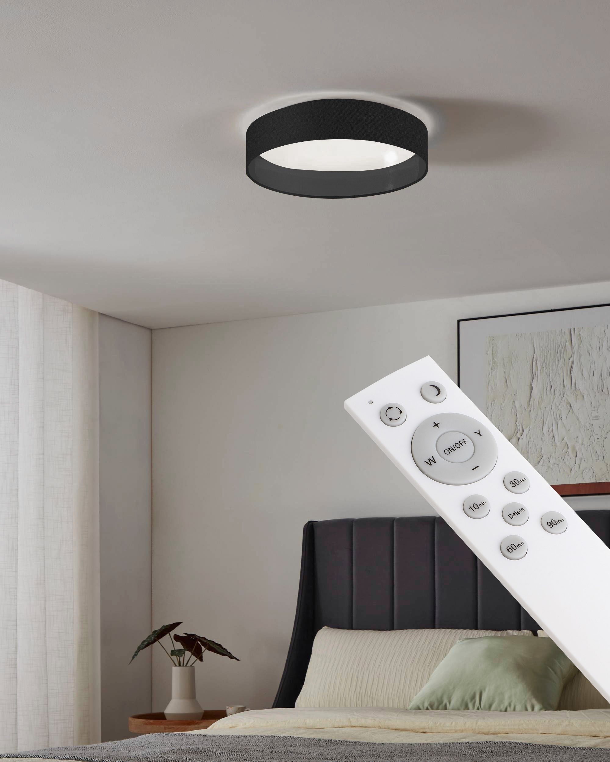 Leonique LED Deckenleuchte »Juria«, 1 flammig, Leuchtmittel LED-Modul | LED fest integriert, Deckenlampe Ø38 x H9 cm mit Textil-/Stoffschirm, CCT, Fernbedienung