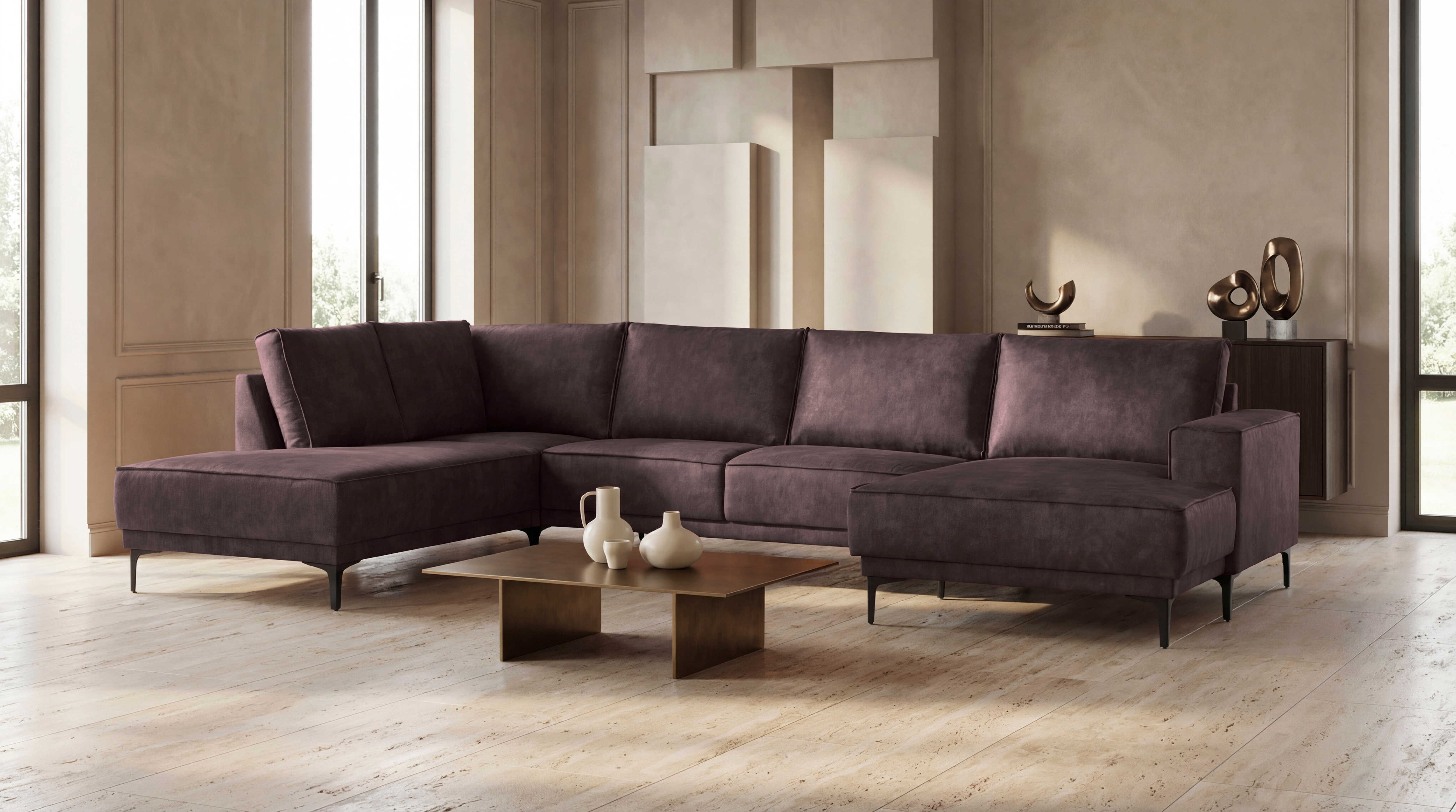 OTTO home Wohnlandschaft "OLAND Luxus-Microfaser U-Form, XXL, B: 345 cm, Skandi-Design" U-Form, 345 cm, Wellenunterfederung, Skandi-Design, Metallfüße