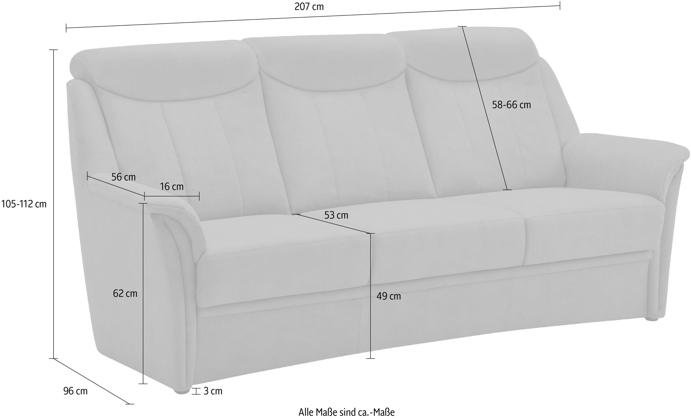 VILLA BECK 3-Sitzer »Lugano«, (1 St.), inklusive Kopfteilverstellung, in Sitzhöhe 49 cm