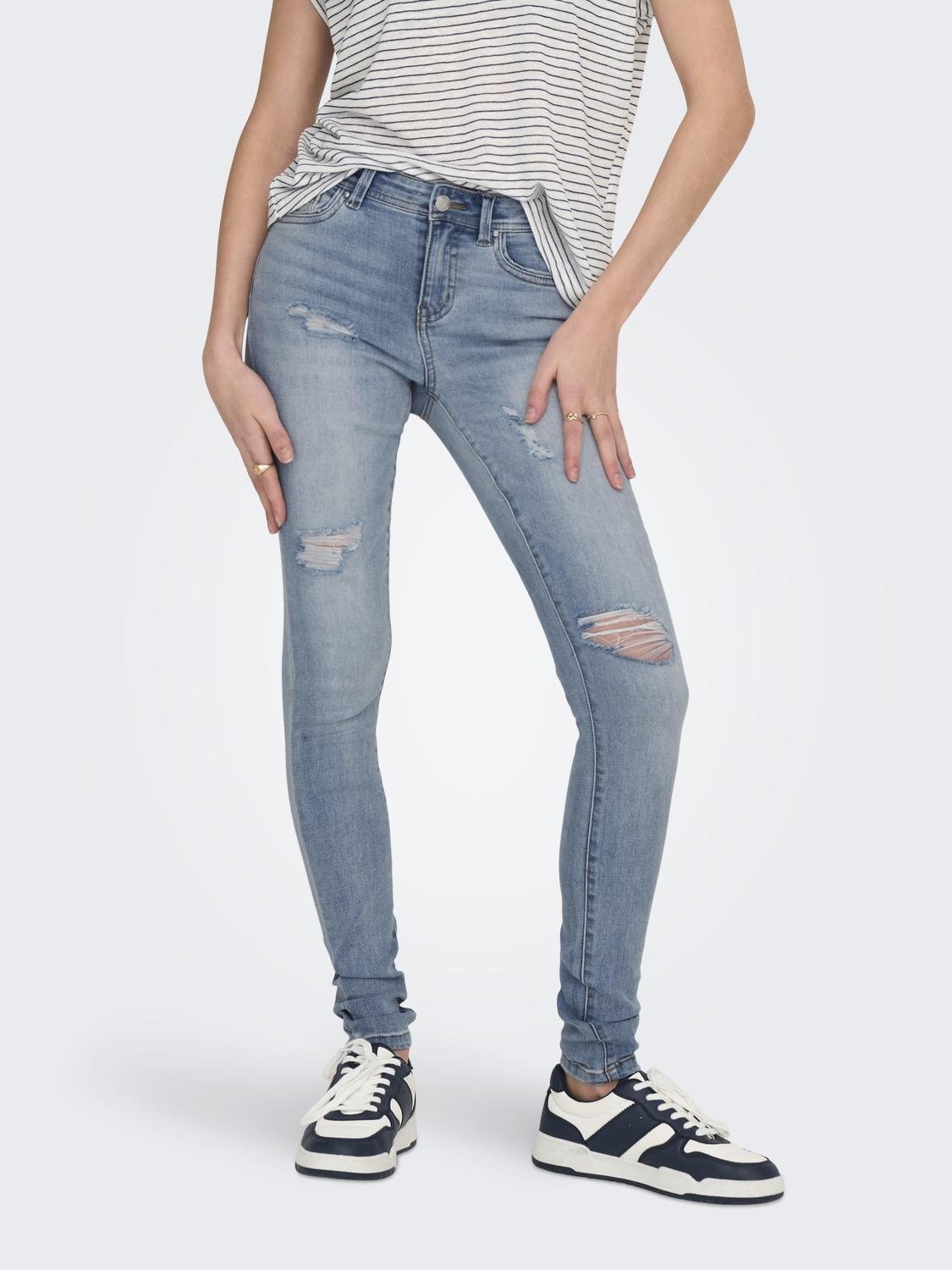 Skinny-fit-Jeans »ONLWAUW MW DESTROY BLEACH DNM GUA«, mit Destroyed Effekt