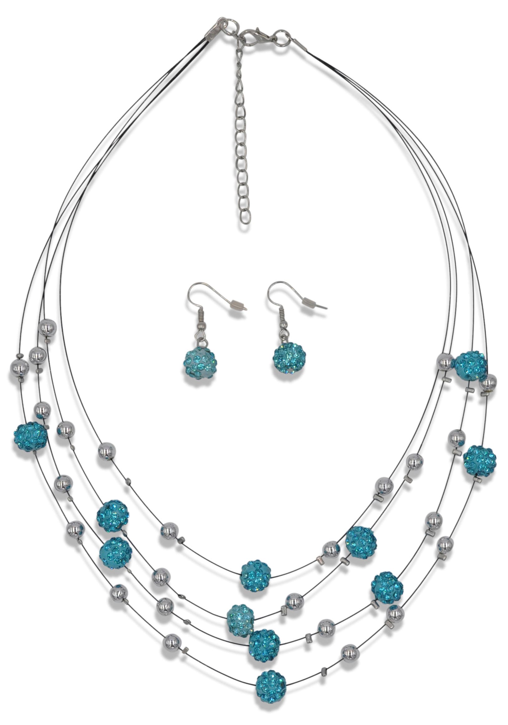 Ohrring und Ketten Set FIRETTI "Blue Crystal", blau (metallfarben, hellblau, hellblau), Schmuck_Sets, Damen, Metall, bunt, glitzernd, glänzend, mit Gl