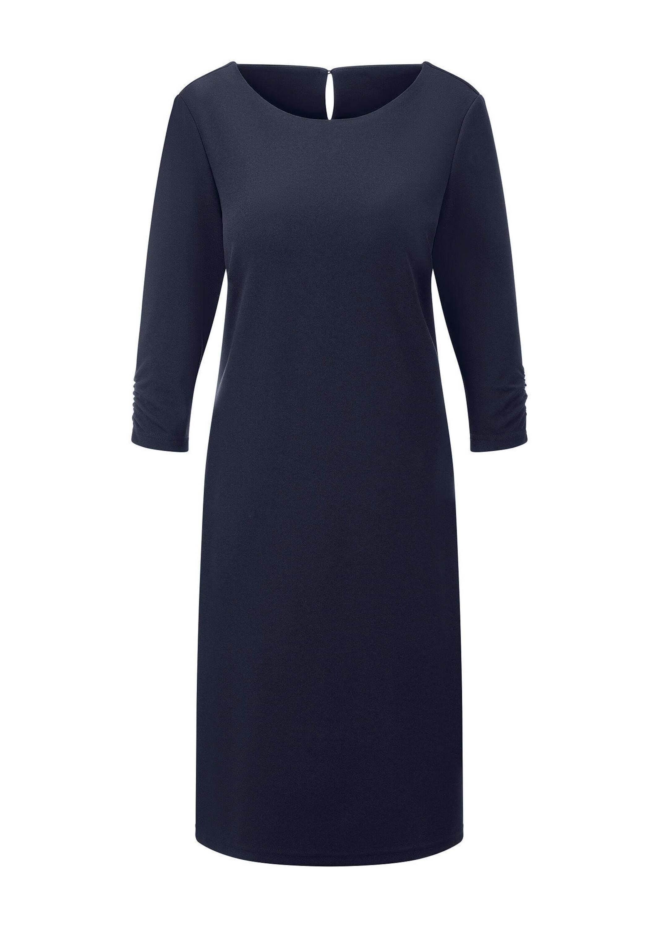 Etuikleid GOLDNER "Kurzgröße Jerseykleid mit Krepp-Qualität", Damen, Gr. 20, K-Gr, blau (marine), Obermaterial: 95% Polyester PES. 5% Elasthan EL., figurumspielend, Kleider Etuikleid, seitliche Nahttaschen