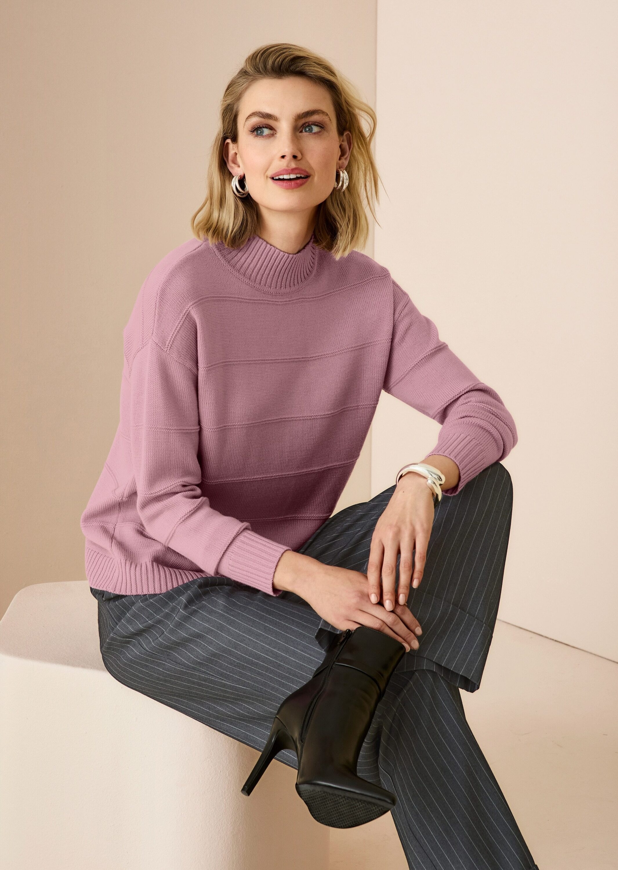 MADELEINE Stehkragenpullover »Strickpullover Eleganter Wollpullover mit Querstruktur« Strukturstrick