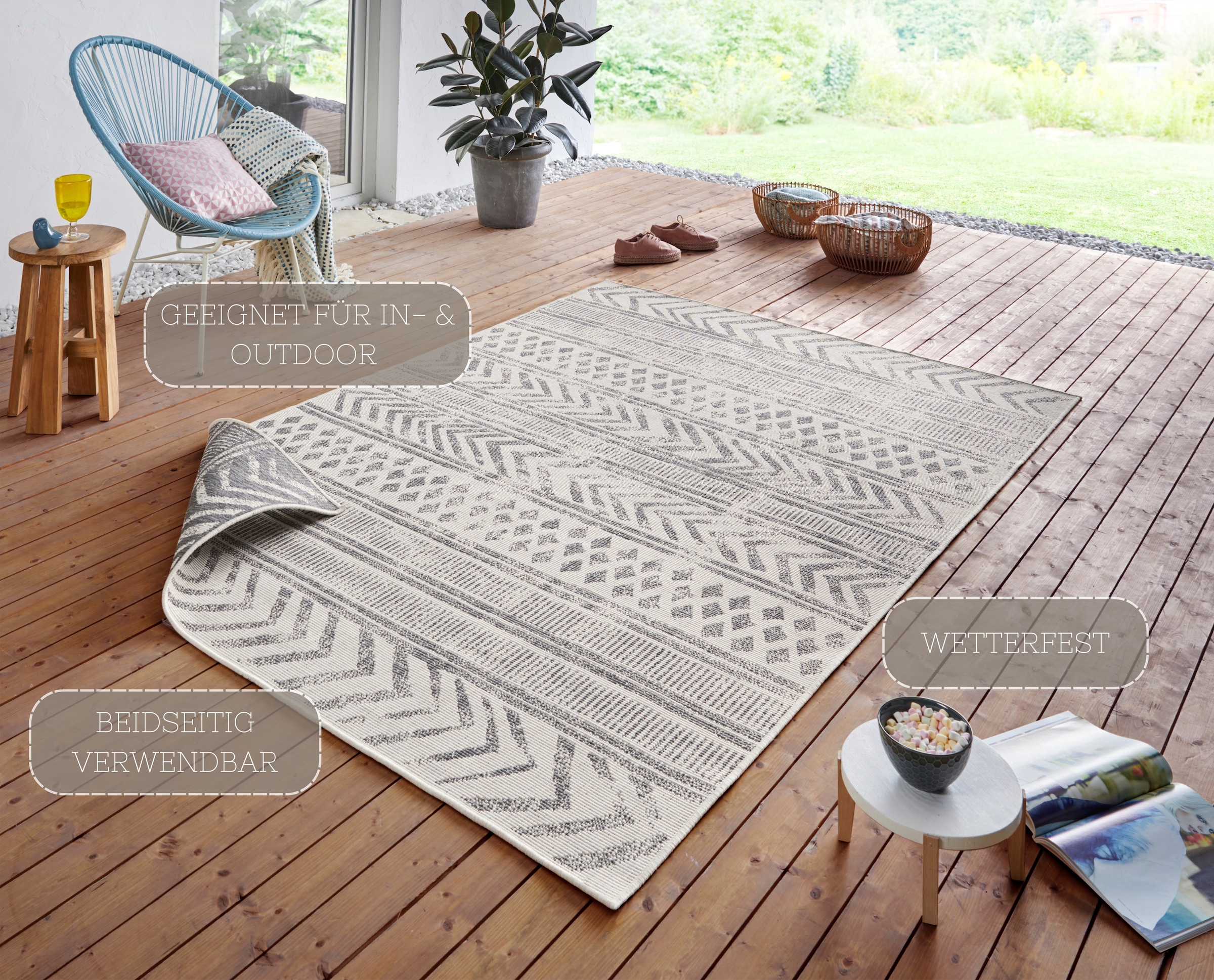 NORTHRUGS Teppich »BIRI Wendeteppich«, rechteckig, 5 mm Höhe, In-& Outdoor, Wetterfest, Balkon, Läufer, Wohnzimmer, Wasserfest, Boho