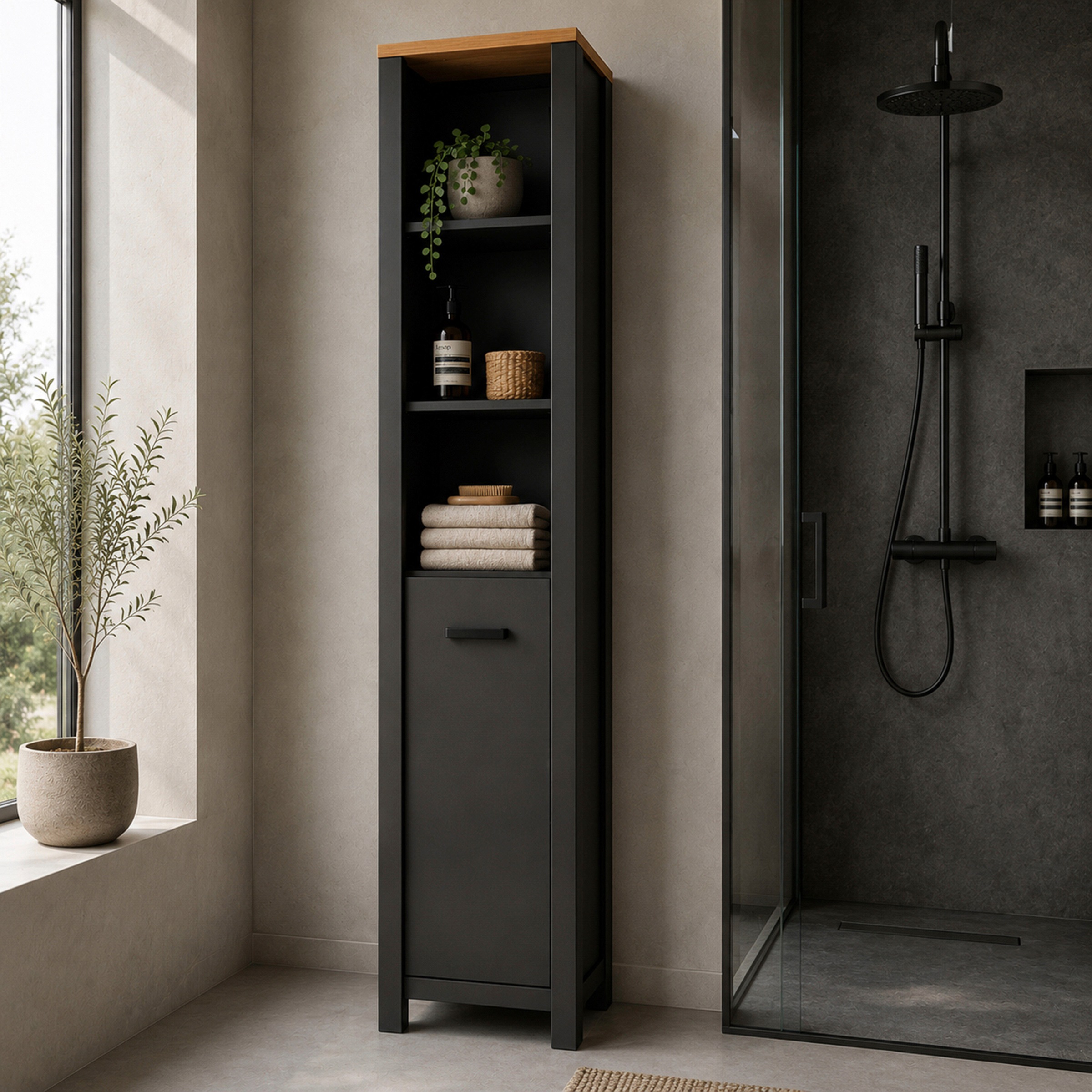 Inter Link Hochschrank »Pienza, Badezimmerschrank, Wasserabweisend, 42 x 40 x 197 cm« 1 Stk. tlg. Mehrzweckschrank mit Softclose, verstellbare Einlegeböden & Füße