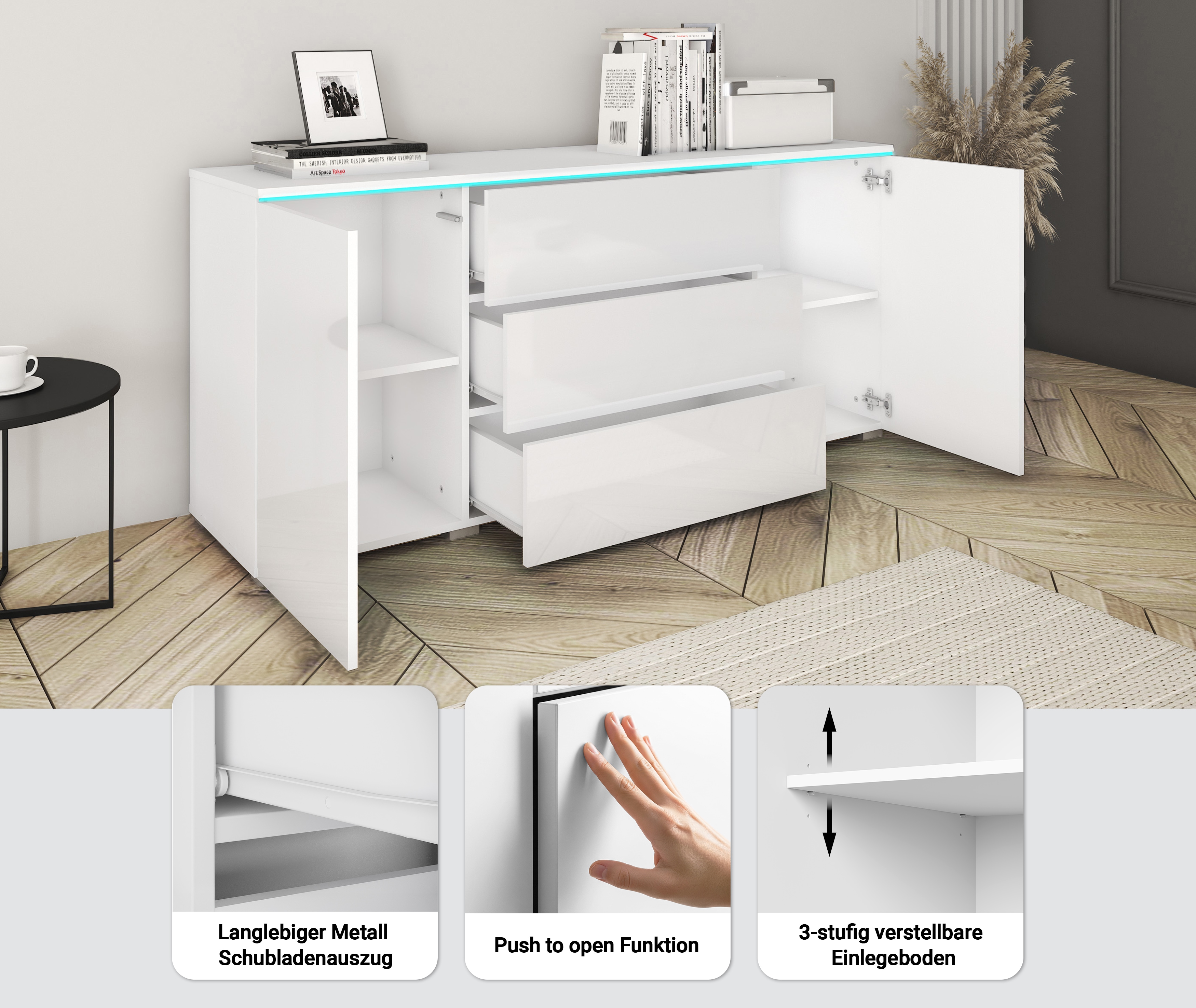 Thumbnail - INOSIGN Sideboard "VERA, grifflos" verstellbare Einlegeböden, Wahlweise mit oder ohne Beleuchtung