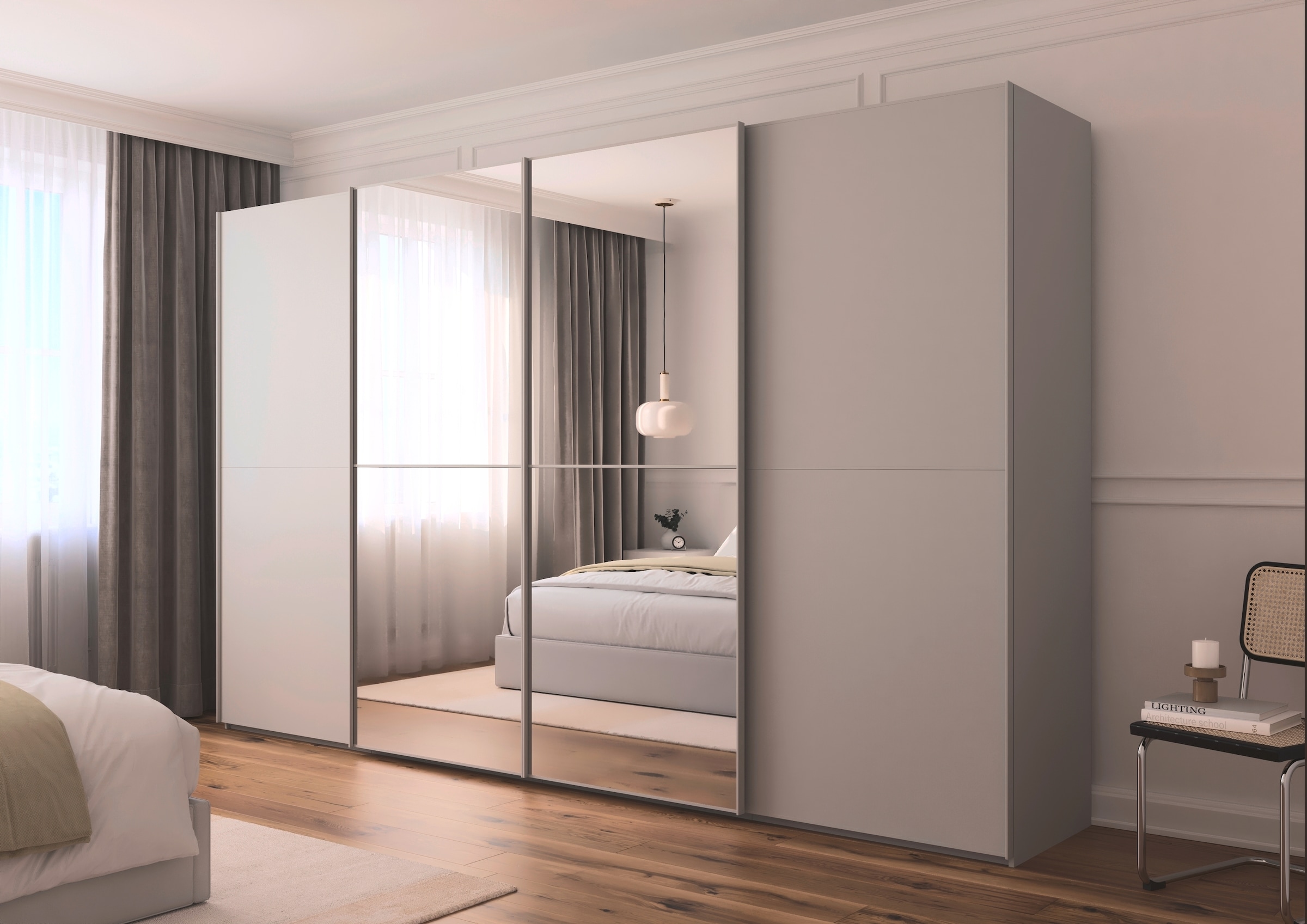 rauch Schwebetürenschrank »Kleiderschrank Schrank Garderobe Schlafzimmerschrank SCALE-DUO«, edle zweigeteilte Türen, Spiegel und 3 Zierleisten MADE IN GERMANY