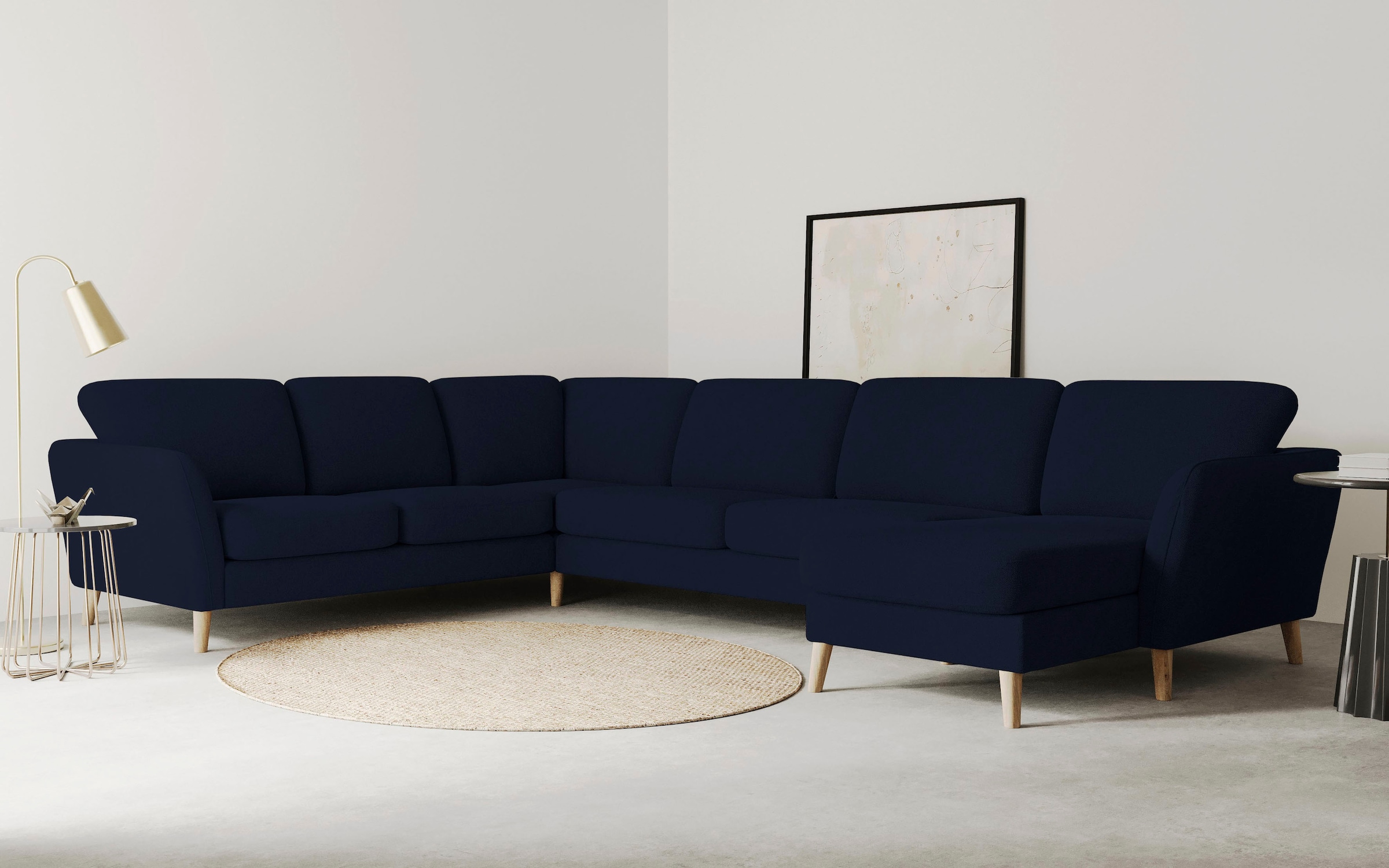 OTTO home Wohnlandschaft "MARSEILLE XXL 349cm, U-Form, Ottomane rechts/links wählbar" Massivholzbeine Eiche, Landhausstil, Wellenunterfederung