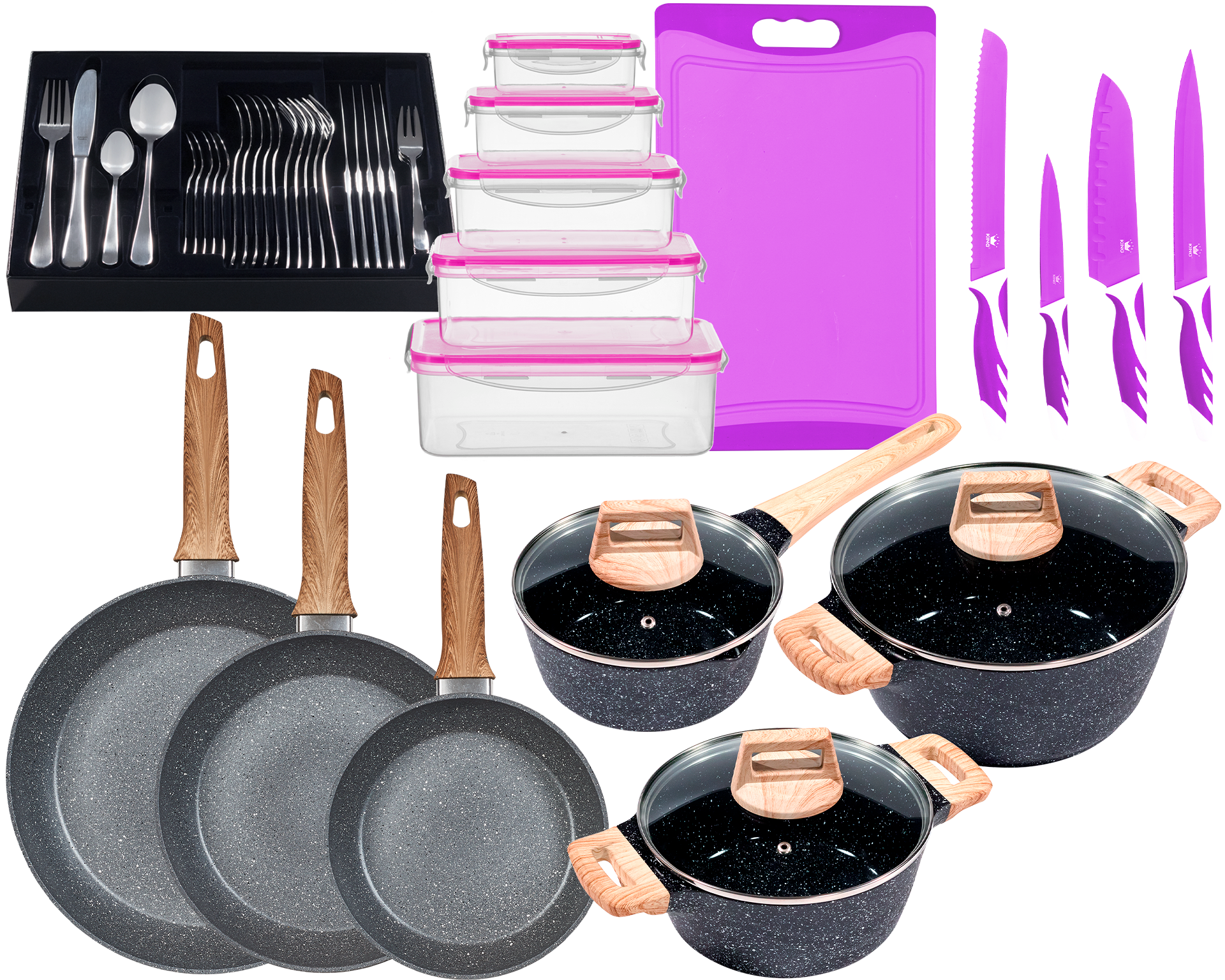 KING Topf-Set ""ESSENTIAL" Aluminium, Induktion, Antihaftbeschichtung", Aluminiumguss, (Set, 55 tlg., 2 Töpfe, 1 Stielto