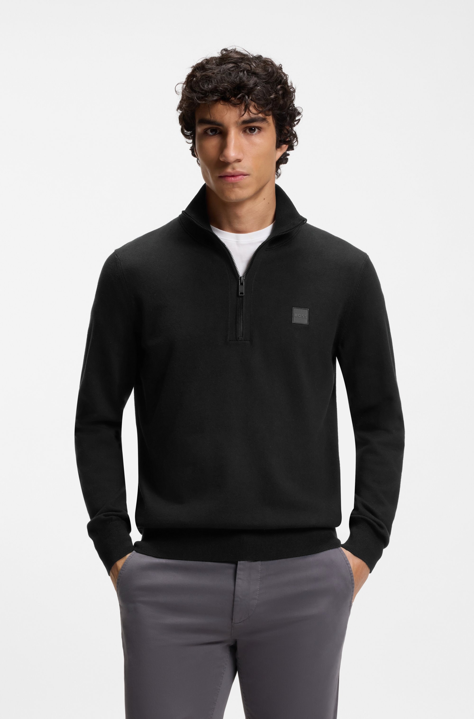 BOSS ORANGE Rollkragenpullover "Kanobix Half Zip Cotton Cashmere" Regular fit, Stehkragen mit Reißverschluss, Ton-in-Ton Logo
