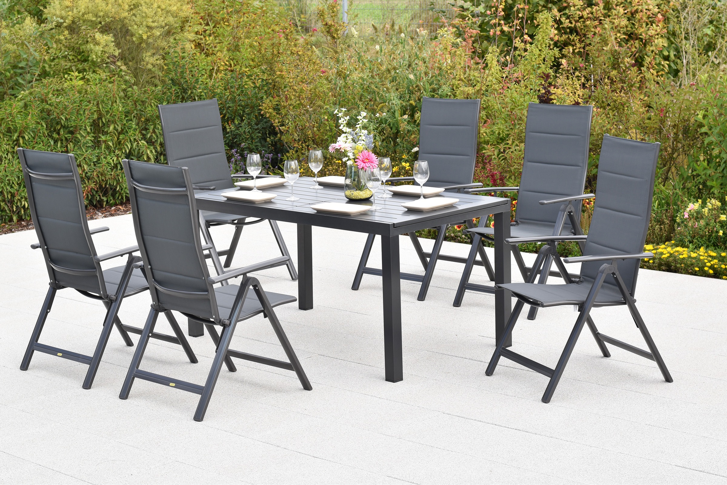 MERXX Garten-Essgruppe »Taviano« Set, 7 tlg. inkl. 6 Klappsessel, 1 Ausziehtisch