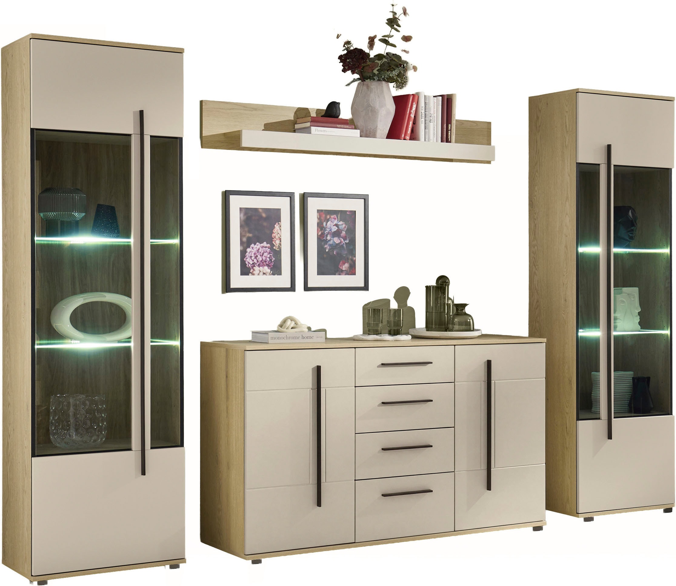 Home affaire Wohnwand »Cantara, Anbauwand, Wohnzimmer-Set, in Eiche Evoke, Weiß oder Kaschmir« Set, 