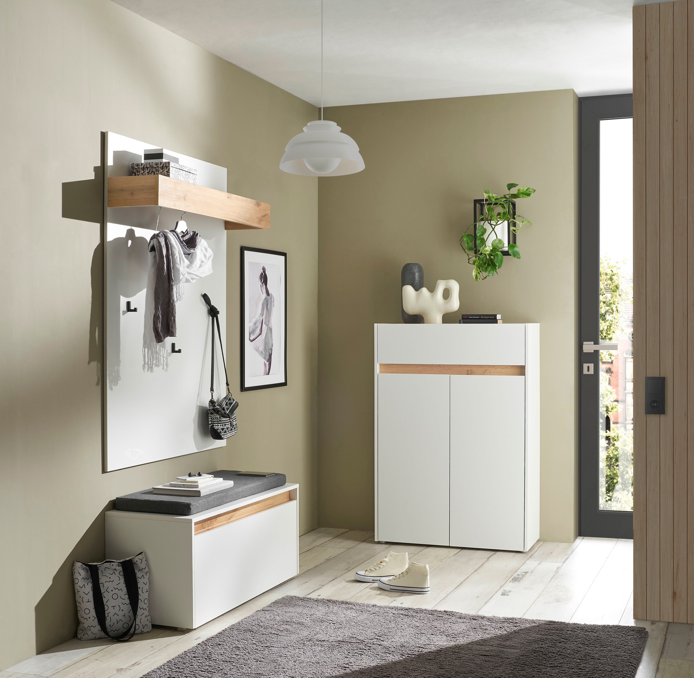 INOSIGN Garderoben-Set »City/Giron, moderne Garderobe, viel Stauraum, ca. 24 Schuhe«, (Set, 3 St.), enthält Schuhschrank, Garderobenpaneel & Garderobenbank mit Sitzkissen