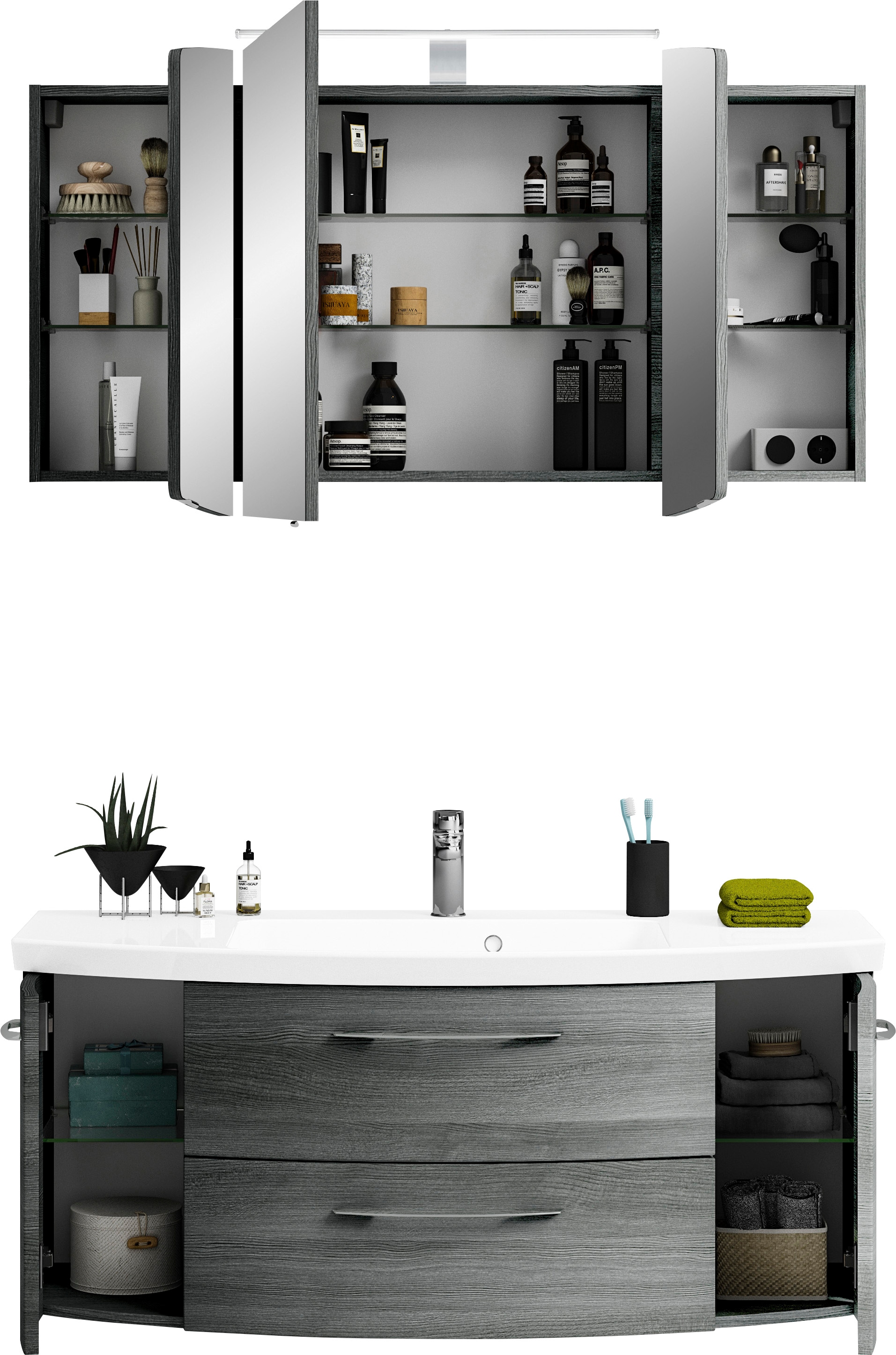 Saphir Badmöbel-Set »Cassca Sprint 2-teilig Mineralmarmor-Waschtisch mit LED-Spiegelschrank«, (2 St.), Waschplatz 121 cm breit mit 5 Türen, 2 Schubladen, inkl. Türdämpfer