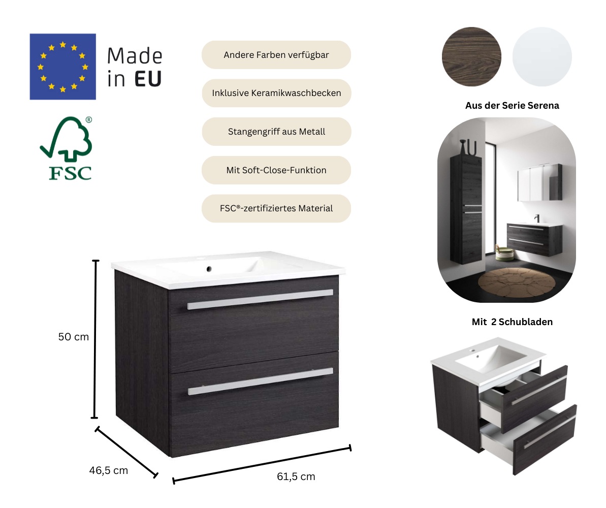 welltime Waschtisch »Serena, Waschbeckenunterschrank inkl. Waschbecken, Badmöbel« Breite 61,5 cm, Soft-Close-Funktion, FSC®