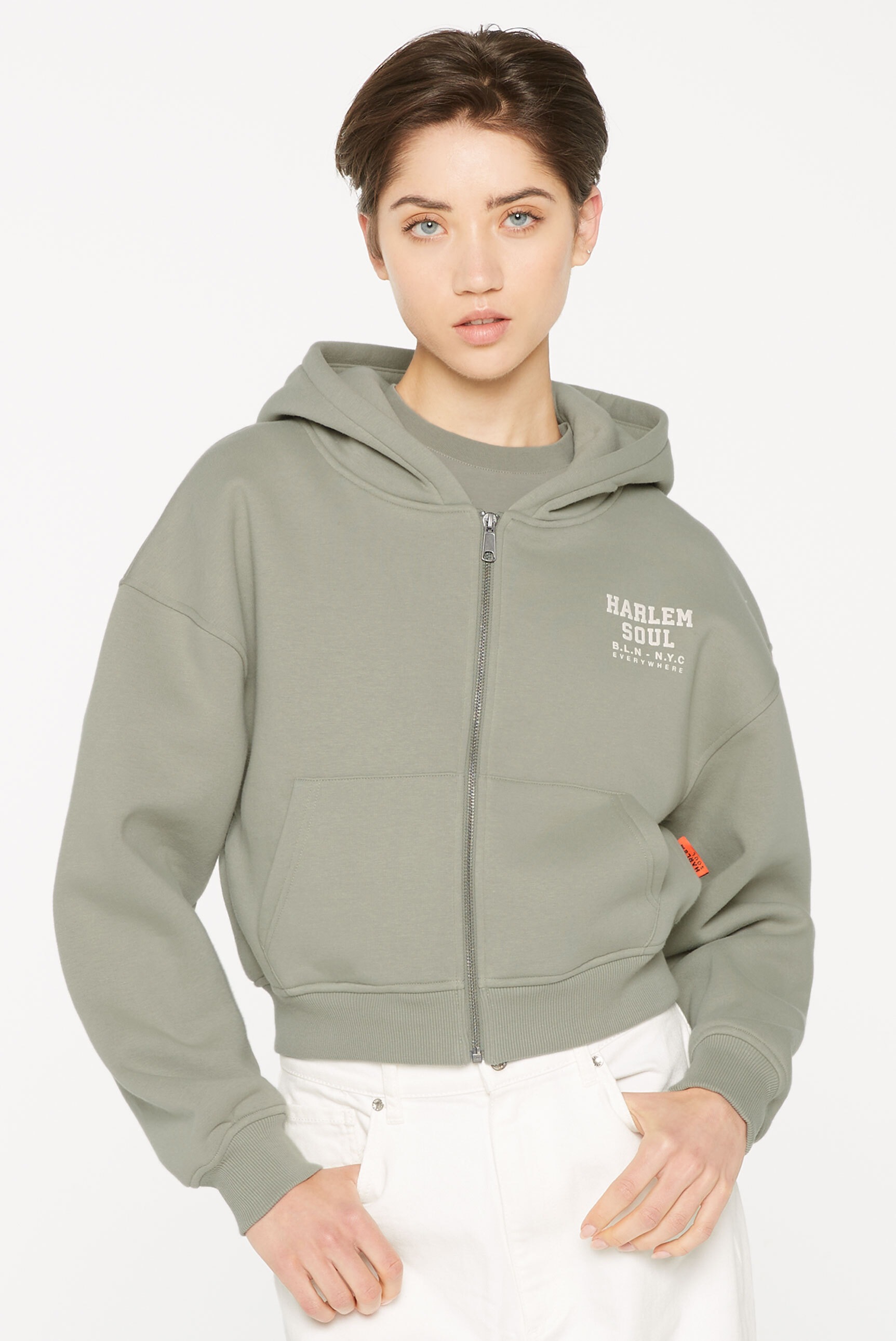 Kapuzensweatjacke HARLEM SOUL, Damen, Gr. XL, sage, Material: 65% Baumwolle, 35% Polyester, bedruckt, regular fit kurz, hoch geschlossener Ausschnitt, eingesetzt Rippbündchen, Sweatjacken, mit Baumwolle